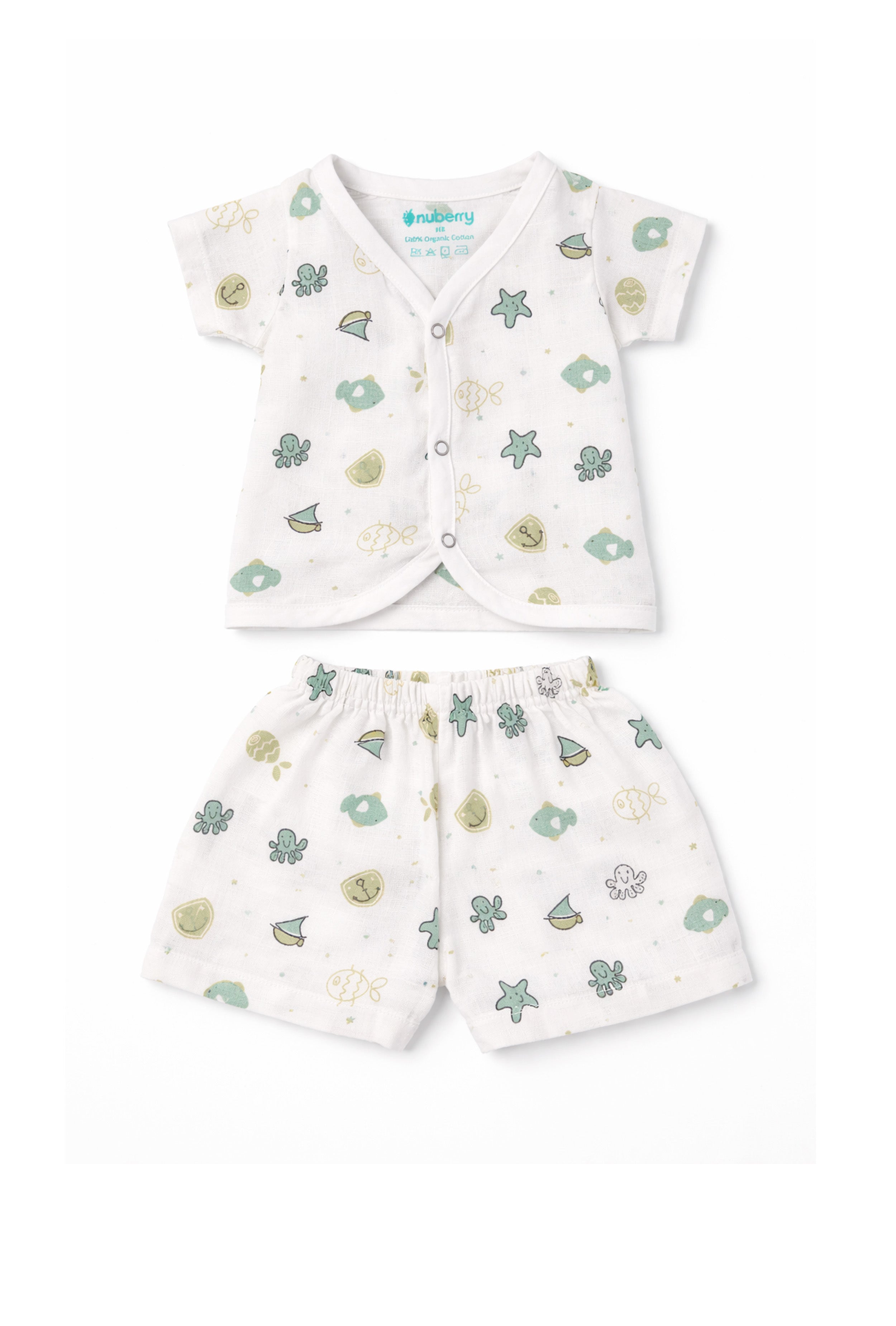 Tiny Beginnings, Wrapped in Love | Muslin Jabla & Shorts Set | Star Fish Print