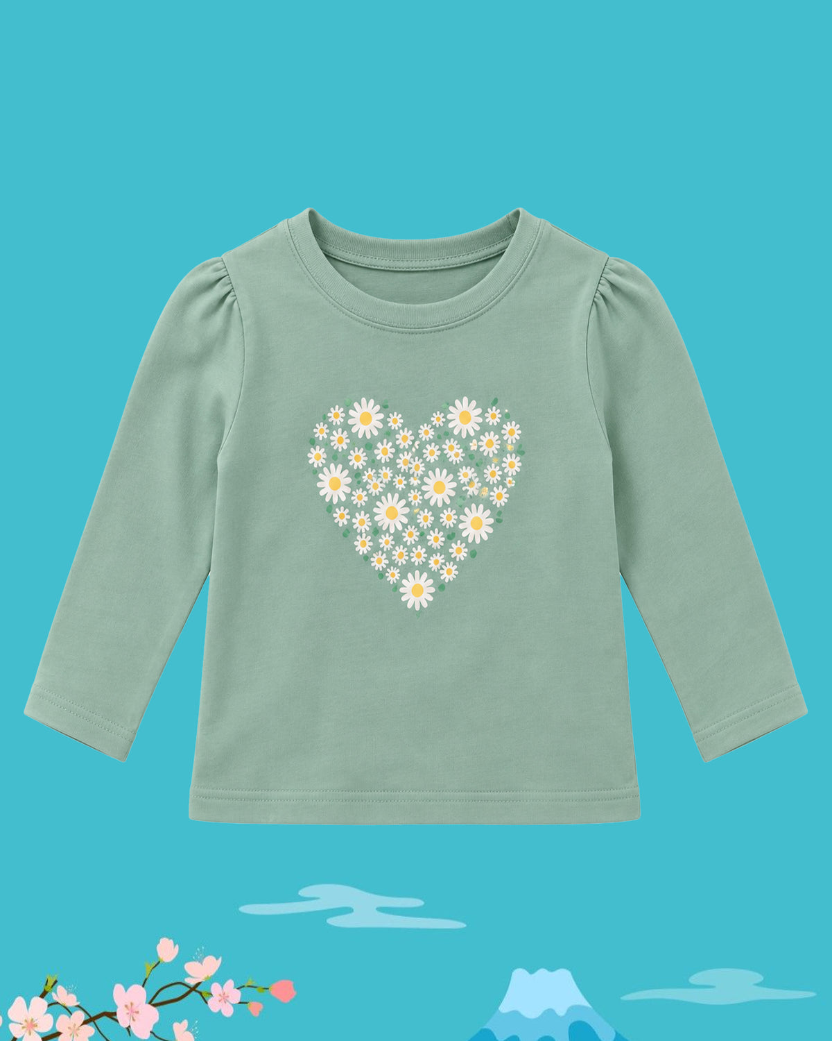 Nuberry Girls Full Sleeve T-Shirt in Sage Green | Little Flowers, Big Smiles
