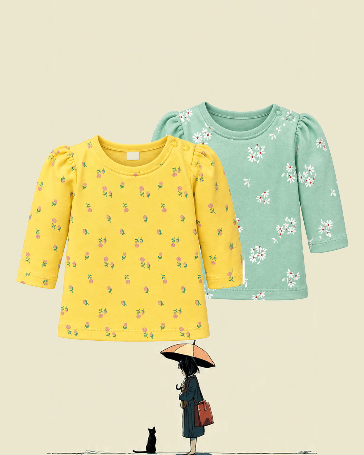 Nuberry Girls Pack of 2 Tops in Yellow & Brown | Double the Cuteness, Double the Smiles
