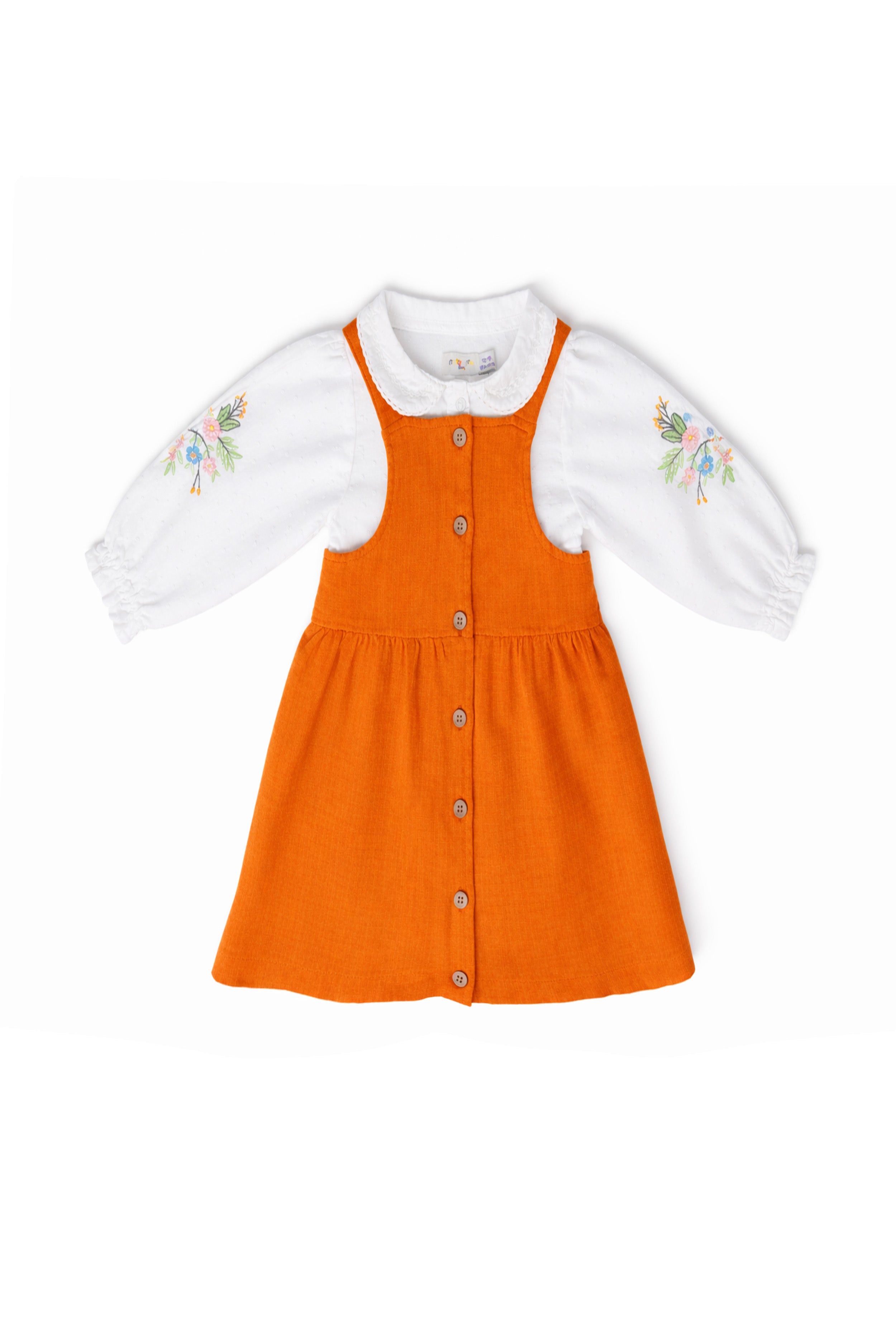Girls Dungaree Dress with Shirt Floral Sleeve Embroidery | Orange