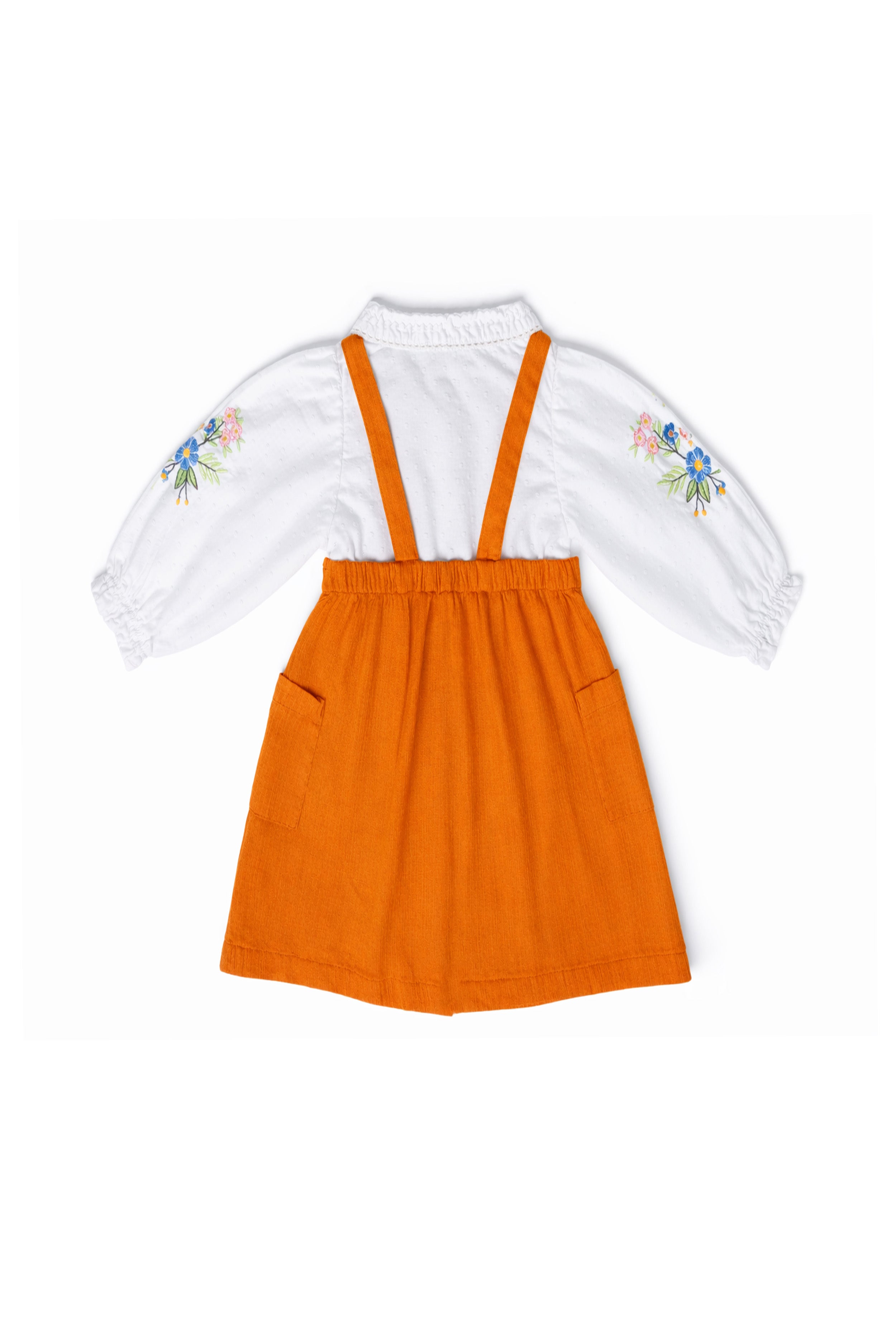 Girls Dungaree Dress with Shirt Floral Sleeve Embroidery | Orange