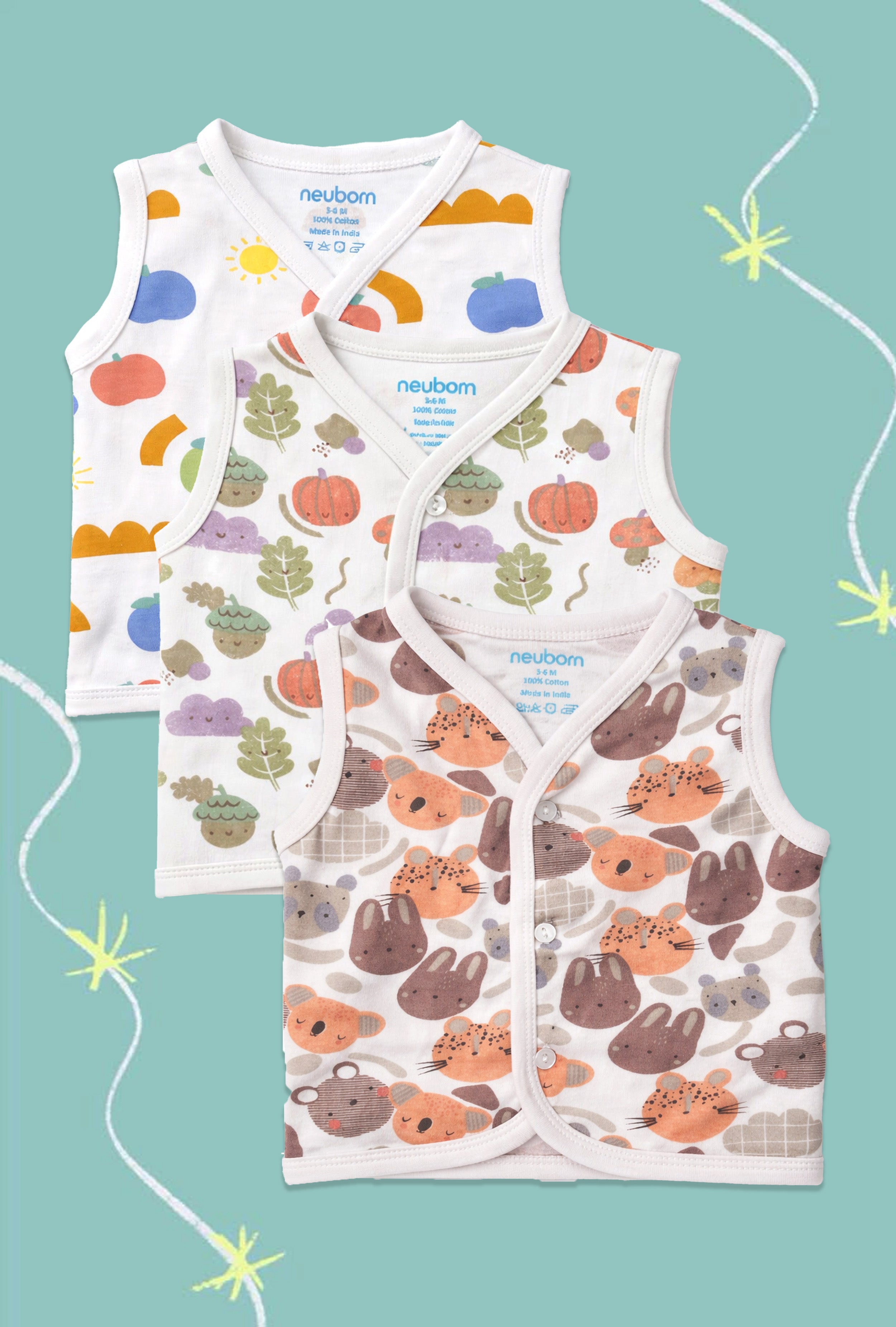 Nuberry Unisex Baby Open Vest (Pack of 3)
