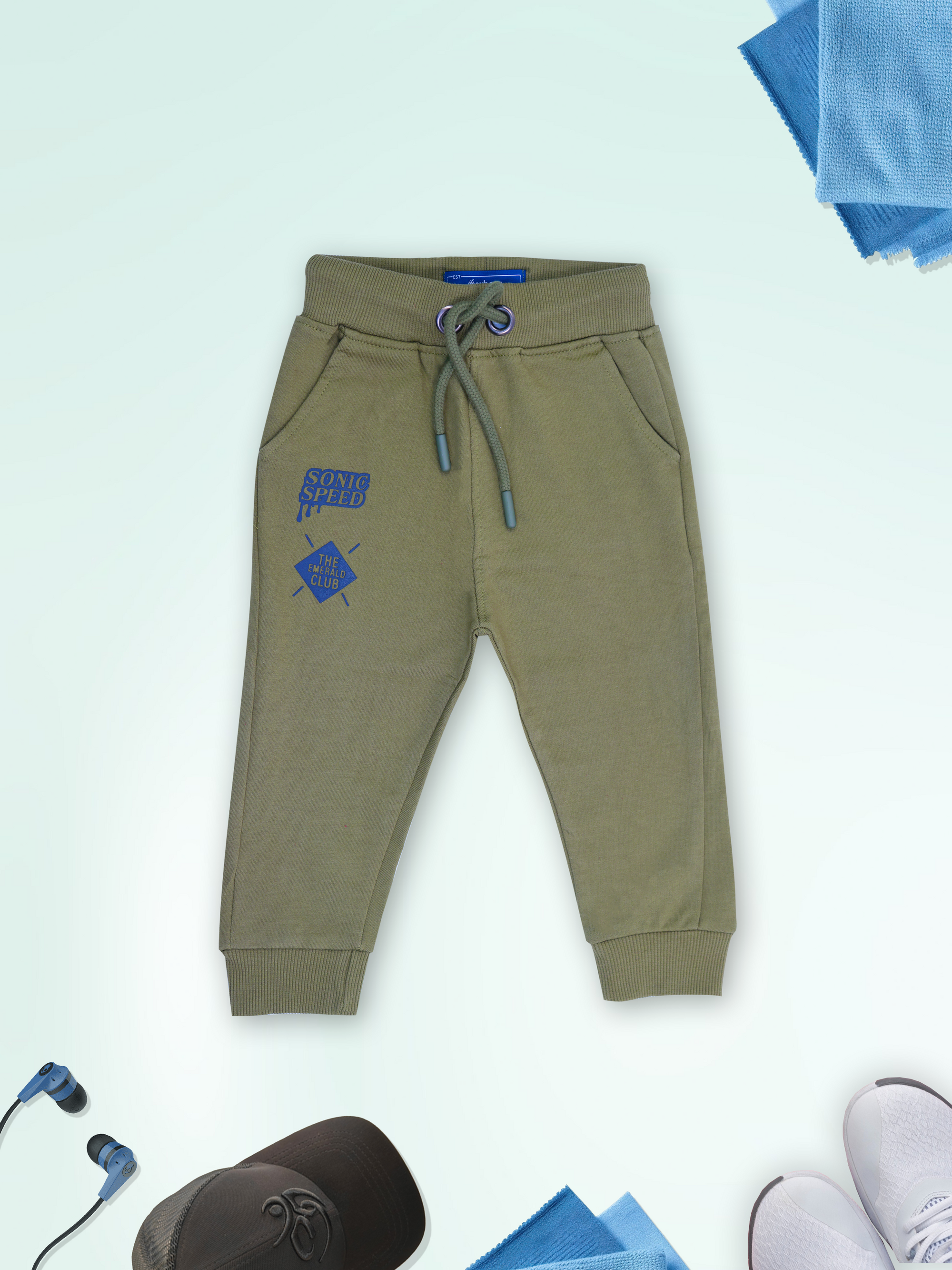 olive green boys joggers with printed details