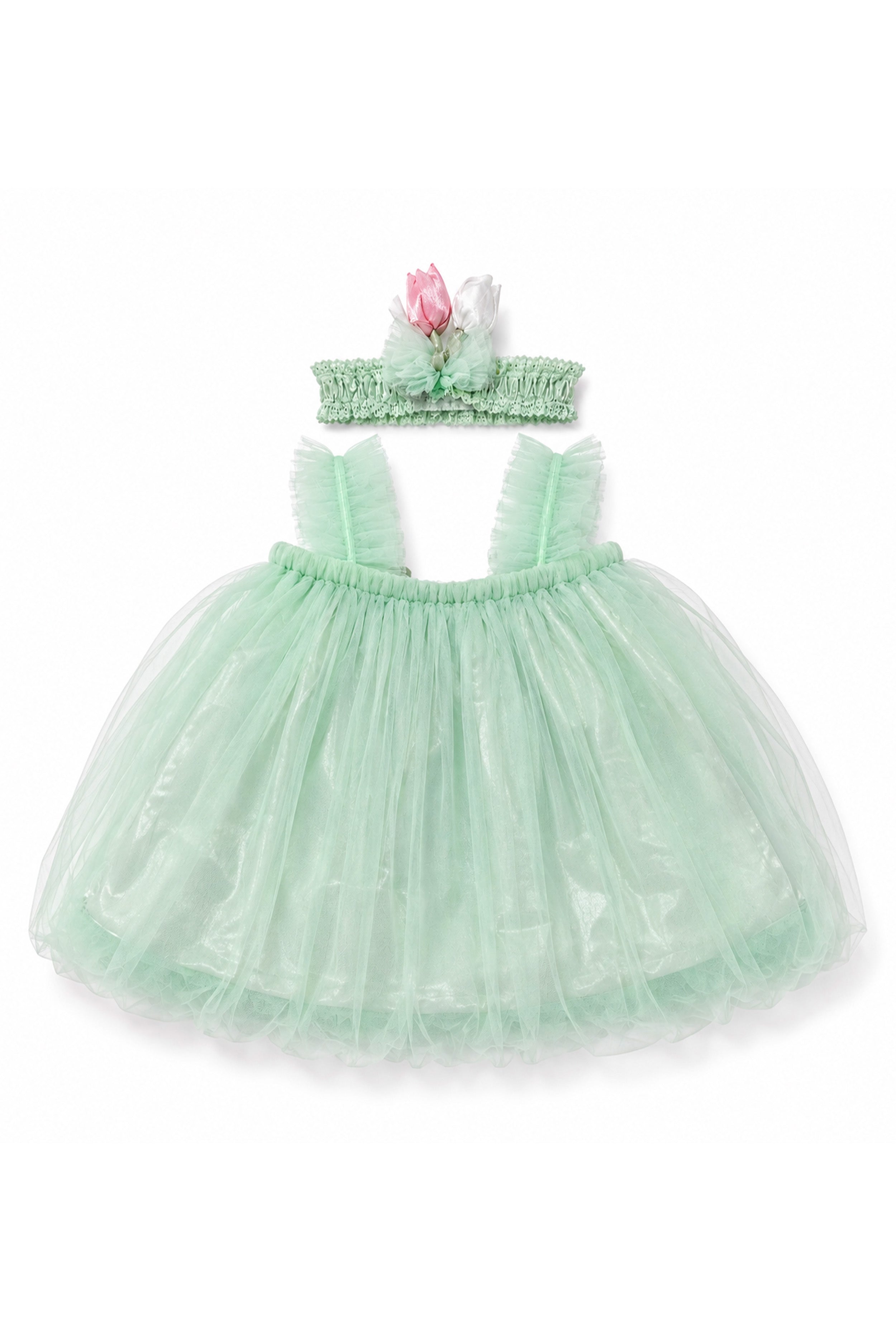 Little Lotus Princess Dress Set | Soft Mesh Baby Girl Party Frock with Matching Headband