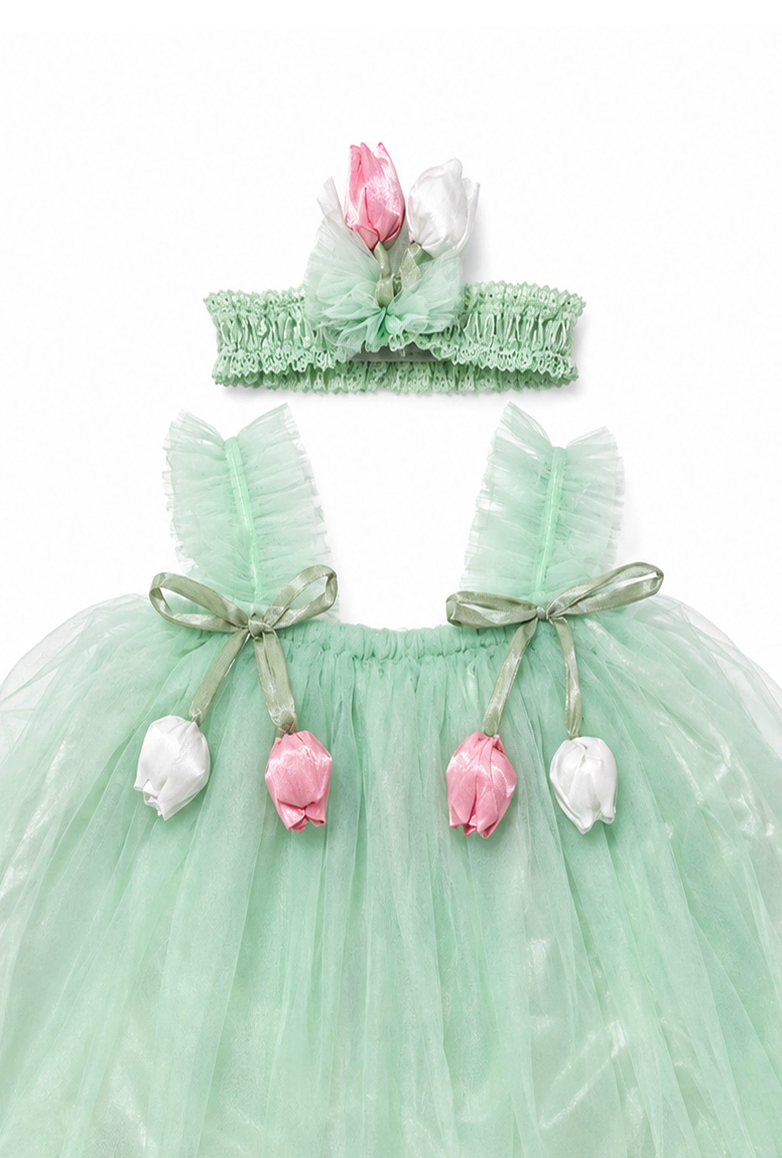 Little Lotus Princess Dress Set | Soft Mesh Baby Girl Party Frock with Matching Headband