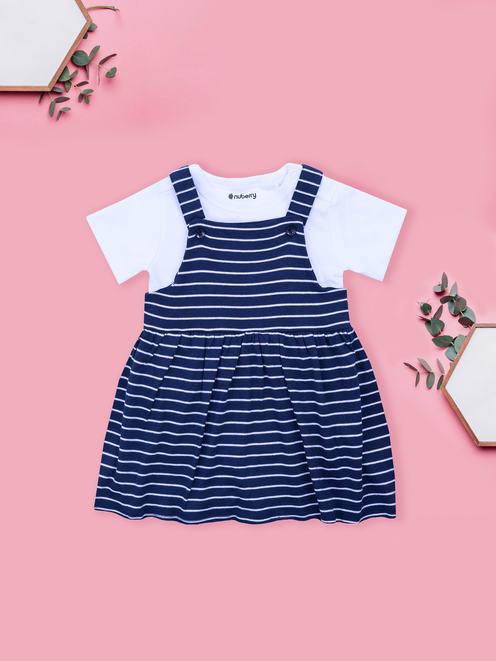 Navy Blue Striped Dungaree Dress for Girls