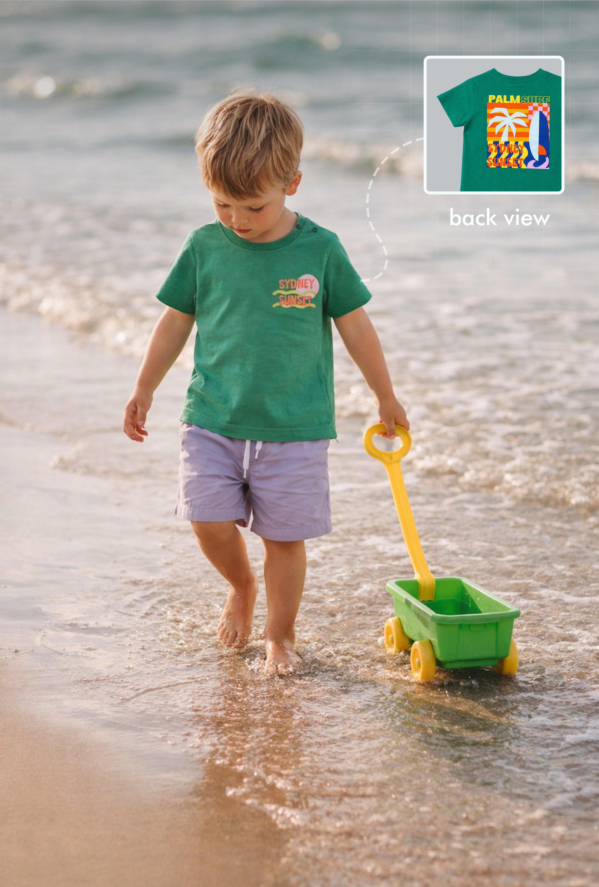 Boy T-Shirt and Shorts Set Green with Back side Print and Lavender Shorts