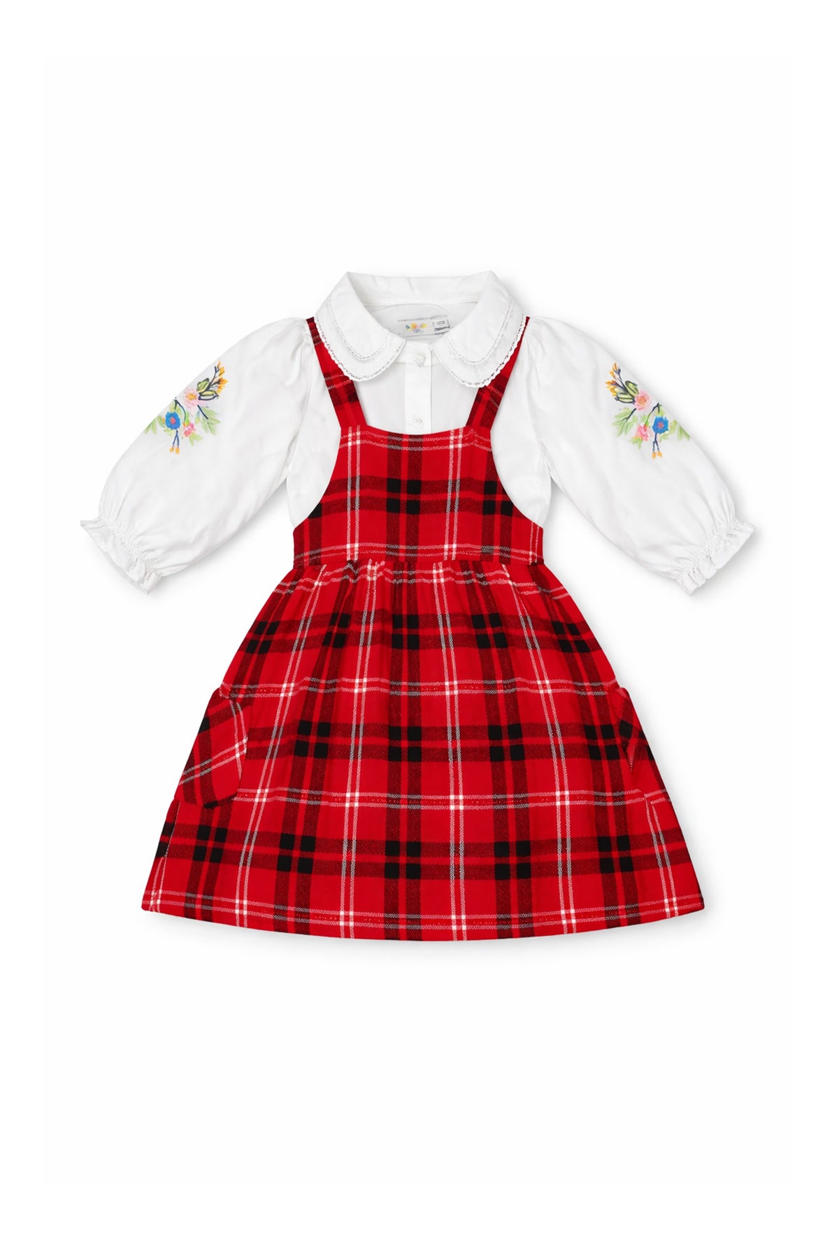 Girls Checked Dungaree Dress with Shirt Floral Sleeve Embroidery - Neubaby Stores