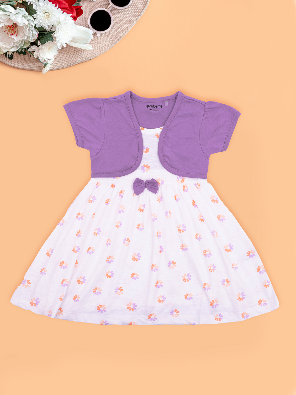 White and Purple Floral Print Girl Dress with Bow