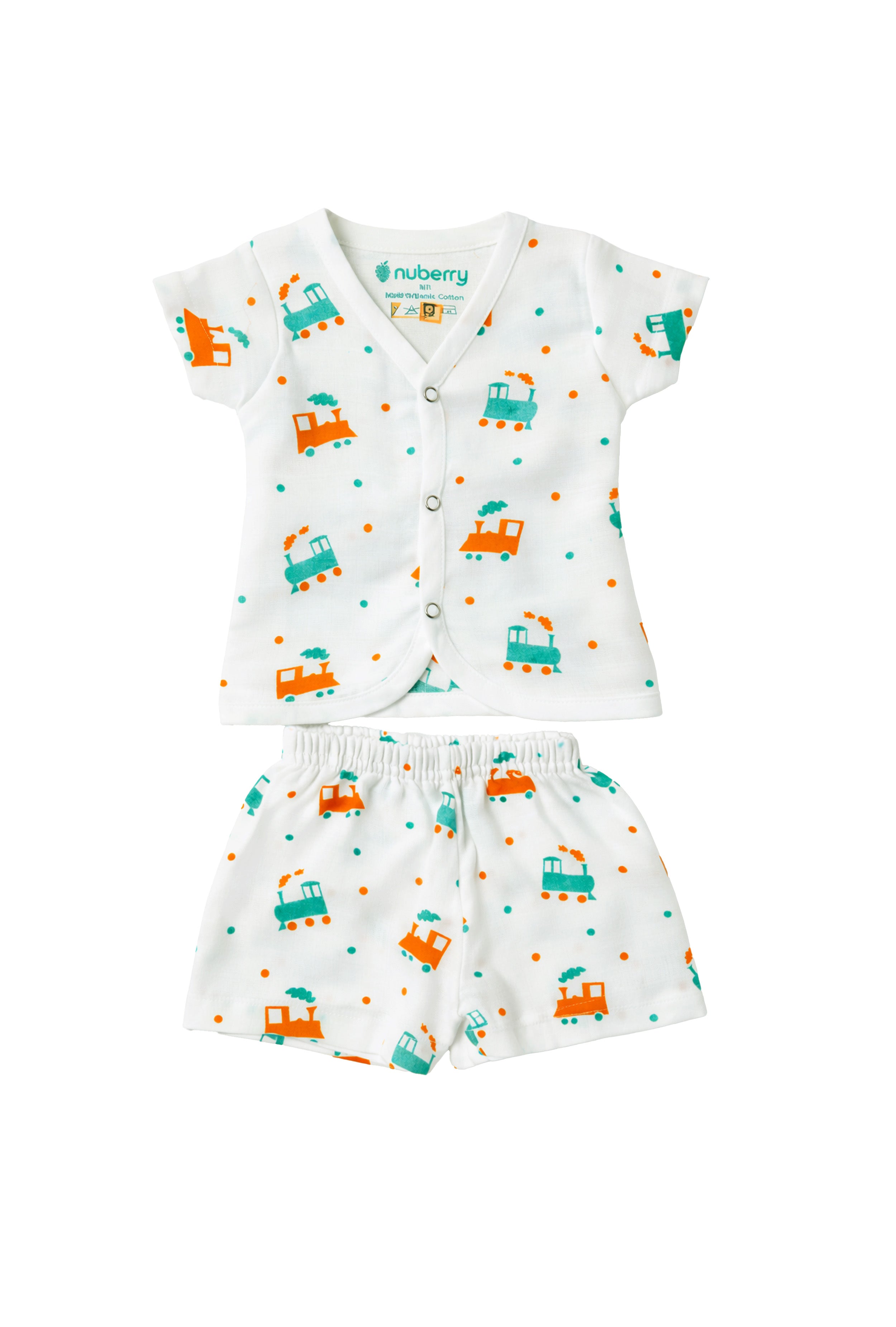 Tiny Beginnings, Wrapped in Love | Muslin Jabla & Shorts Set | Loco Train Print
