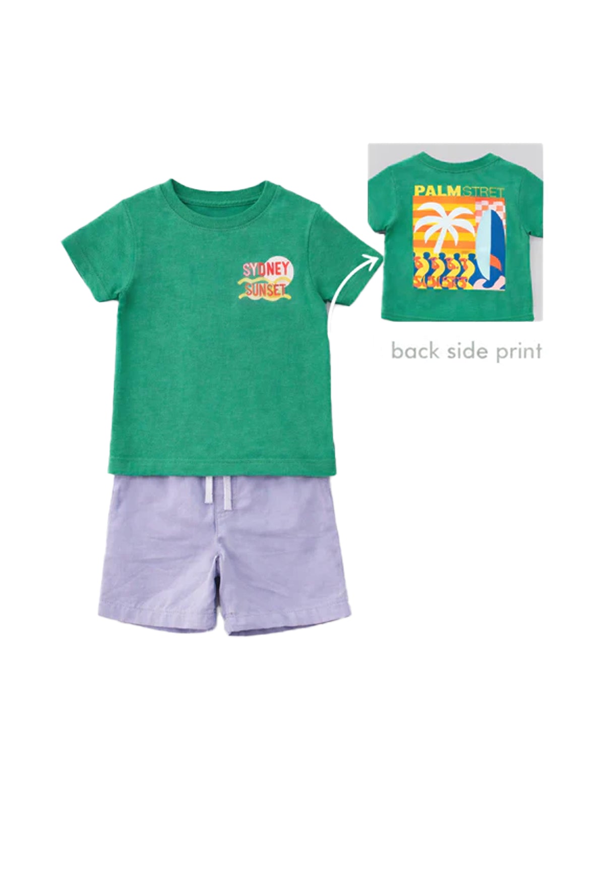 Boy T-Shirt and Shorts Set Green with Back side Print and Lavender Shorts