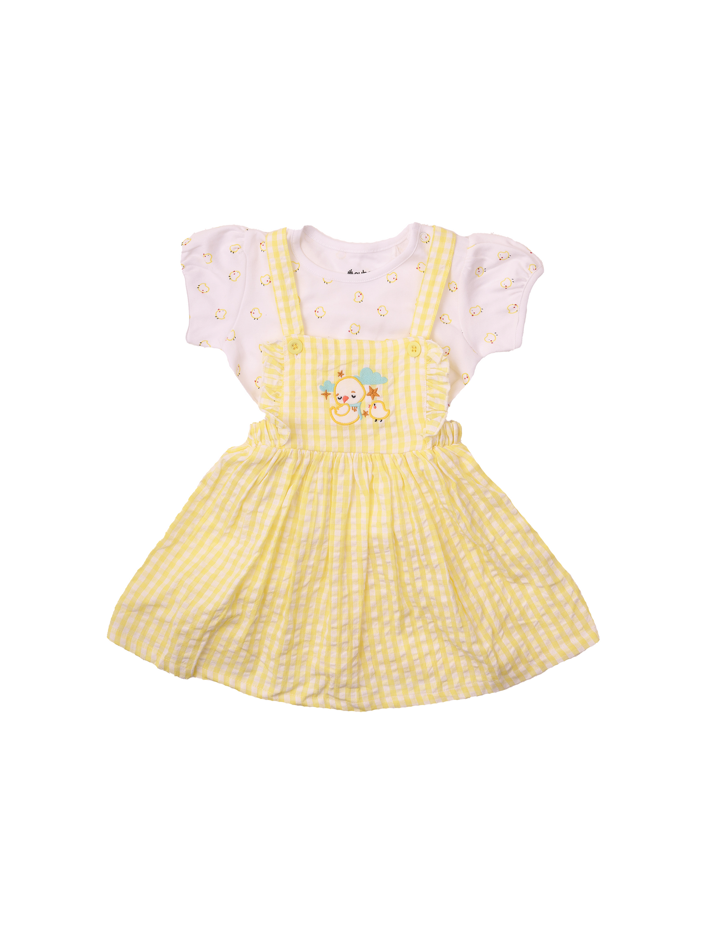 Yellow Dungaree Dress with Embroidery