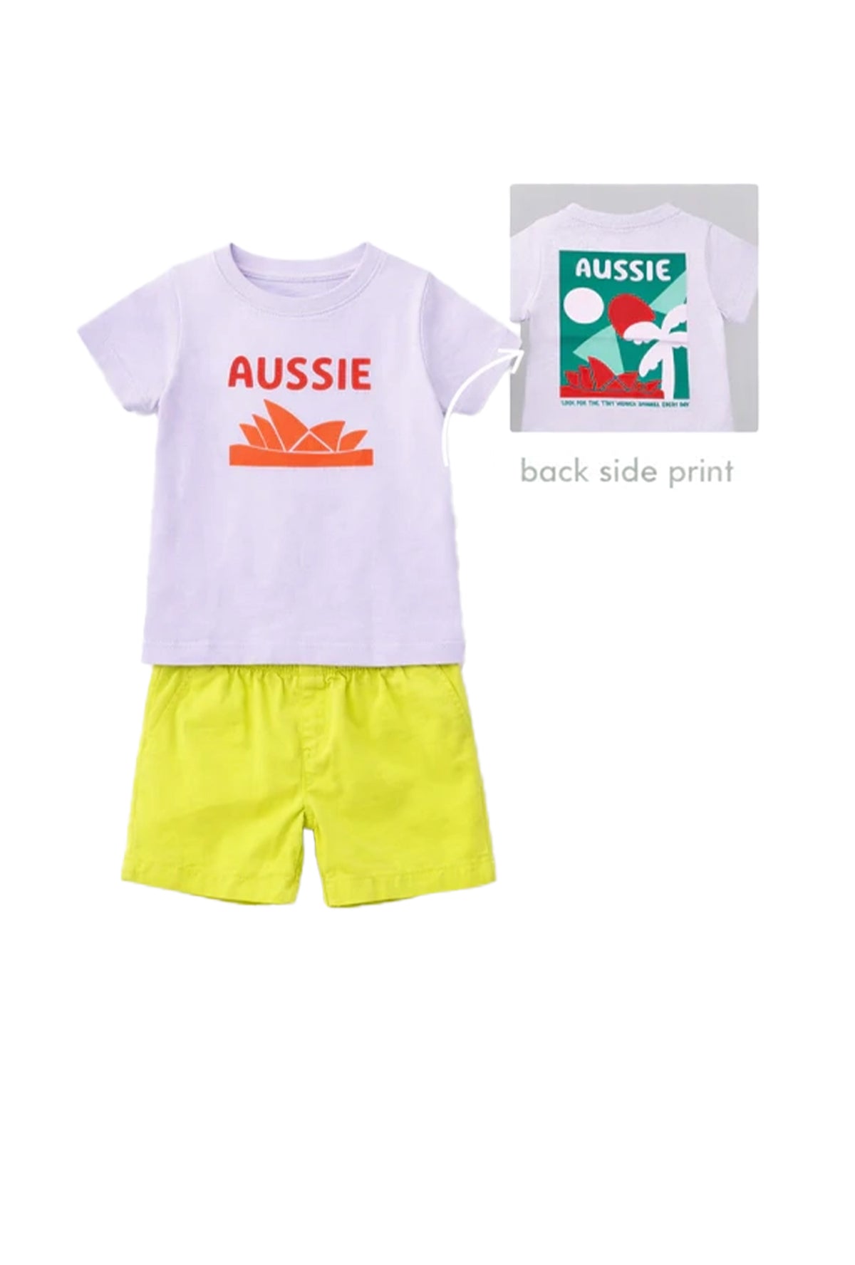 Boy T-Shirt and Shorts Set Lavender with Back side Print and Lemon Yellow Green Shorts