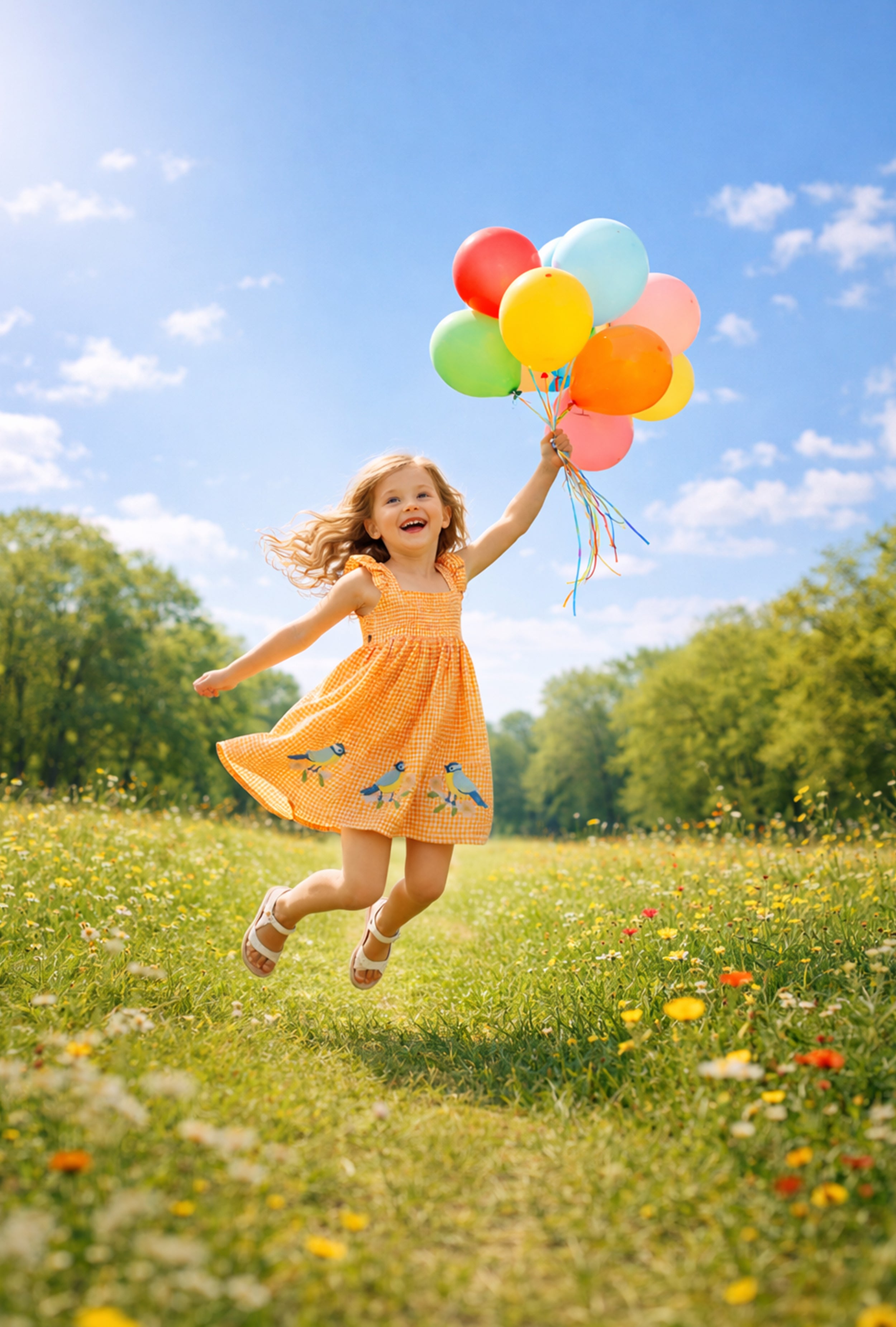 Sunny Cotton Bird Embroidery Dress for Girls