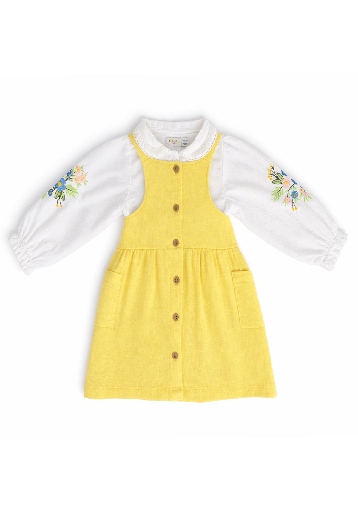 Girls Dungaree Dress with Shirt Floral Sleeve Embroidery | Yellow