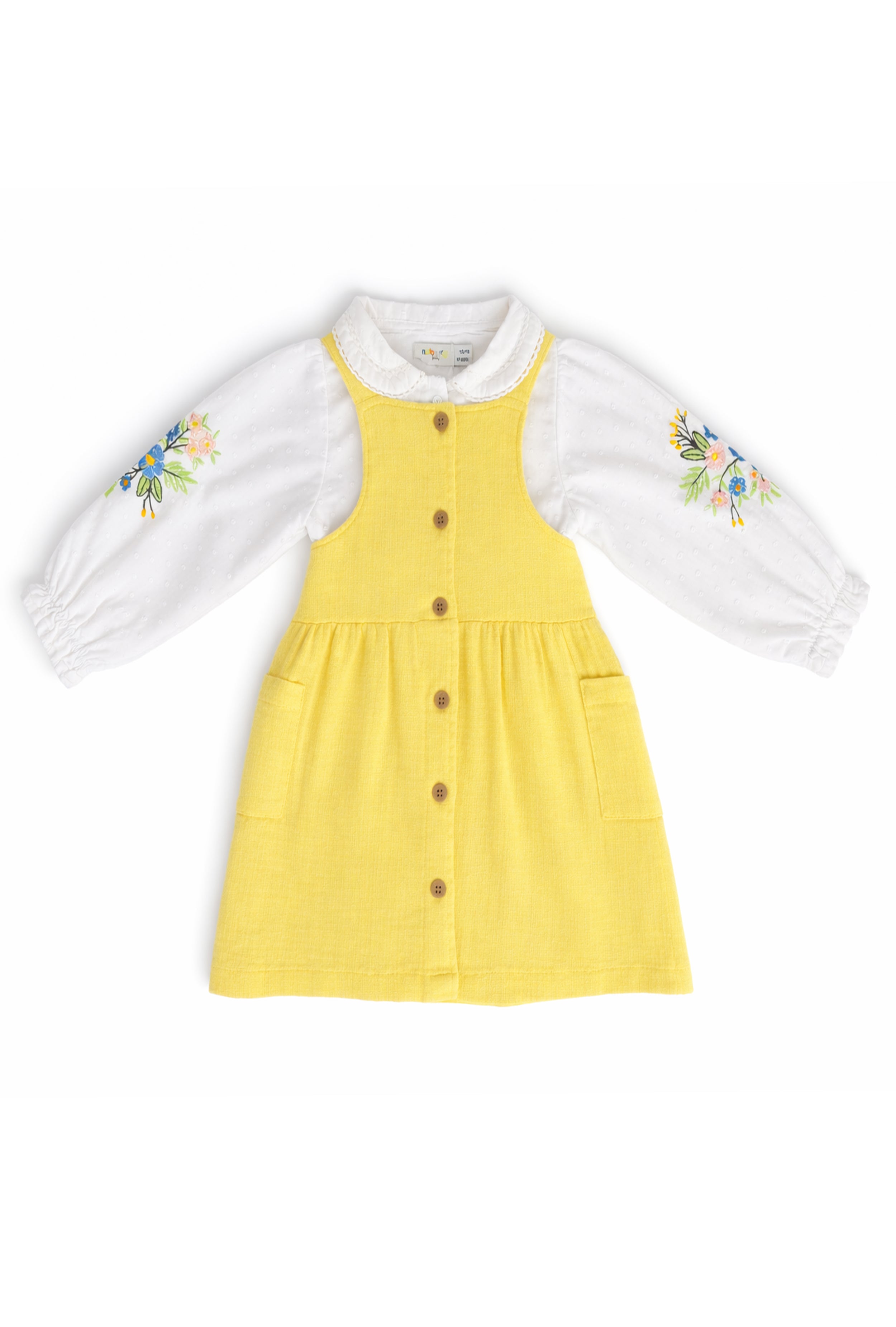 Girls Dungaree Dress with Shirt Floral Sleeve Embroidery | Yellow
