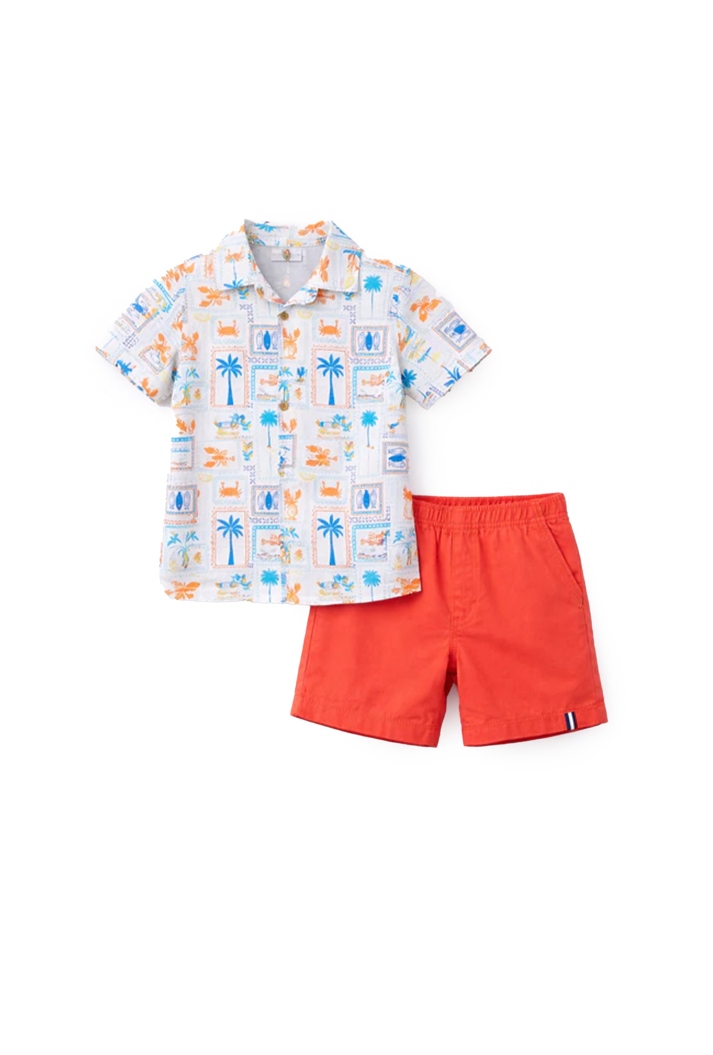 Boys Printed Cotton Shirt & Orange Dobby Shorts Set