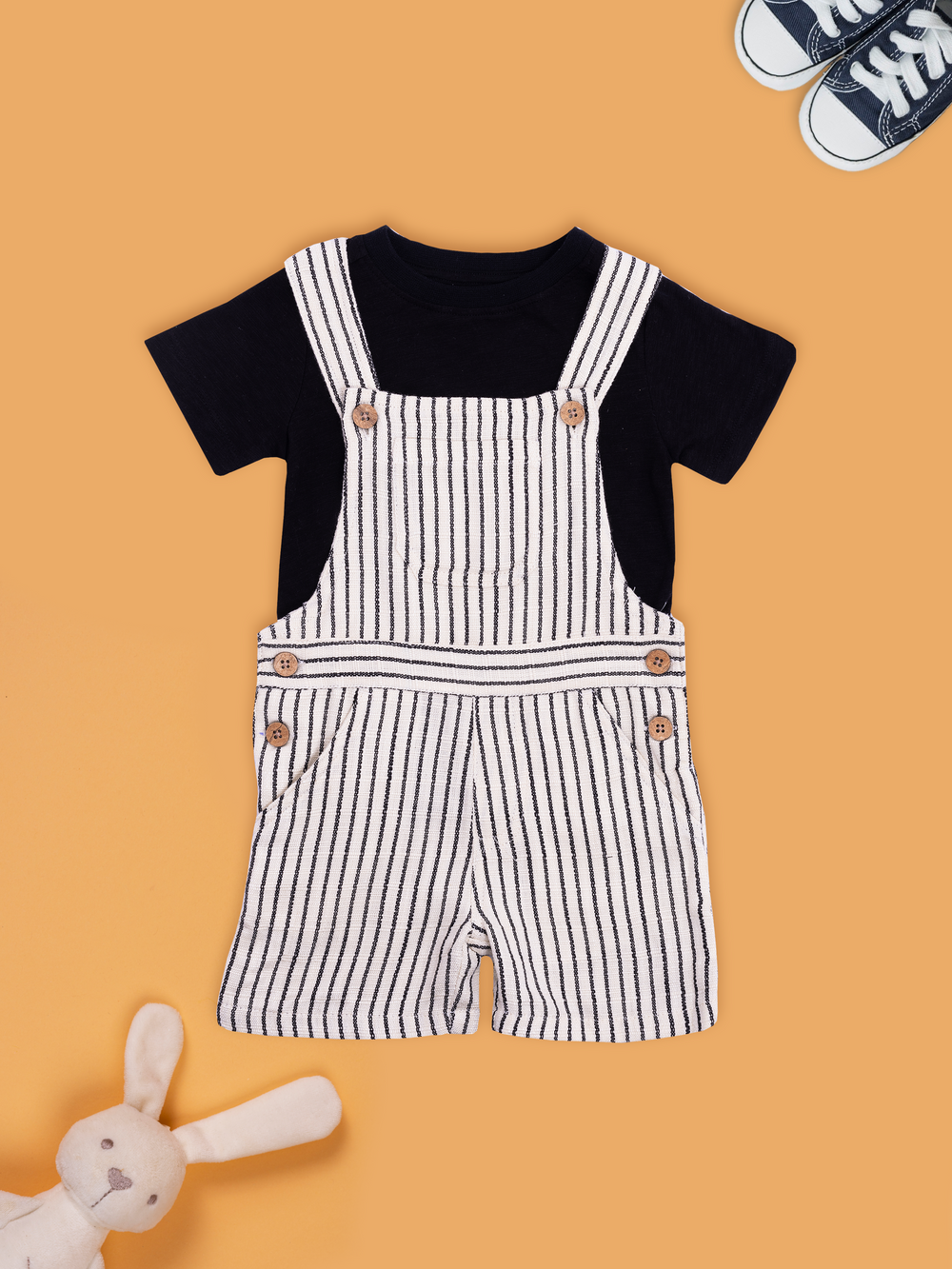 Striped Dungaree Set with T-shirt for Boys