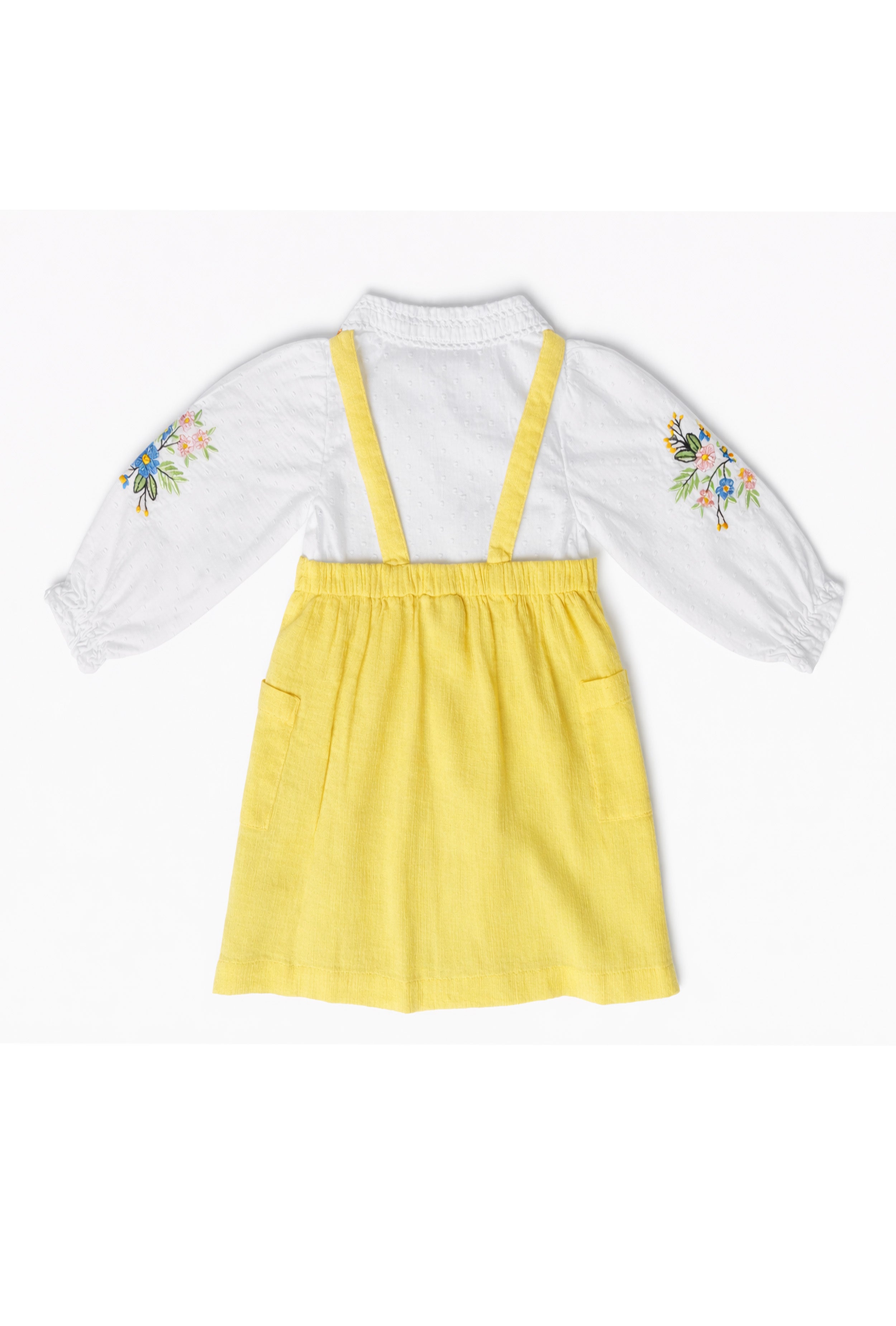 Girls Dungaree Dress with Shirt Floral Sleeve Embroidery | Yellow