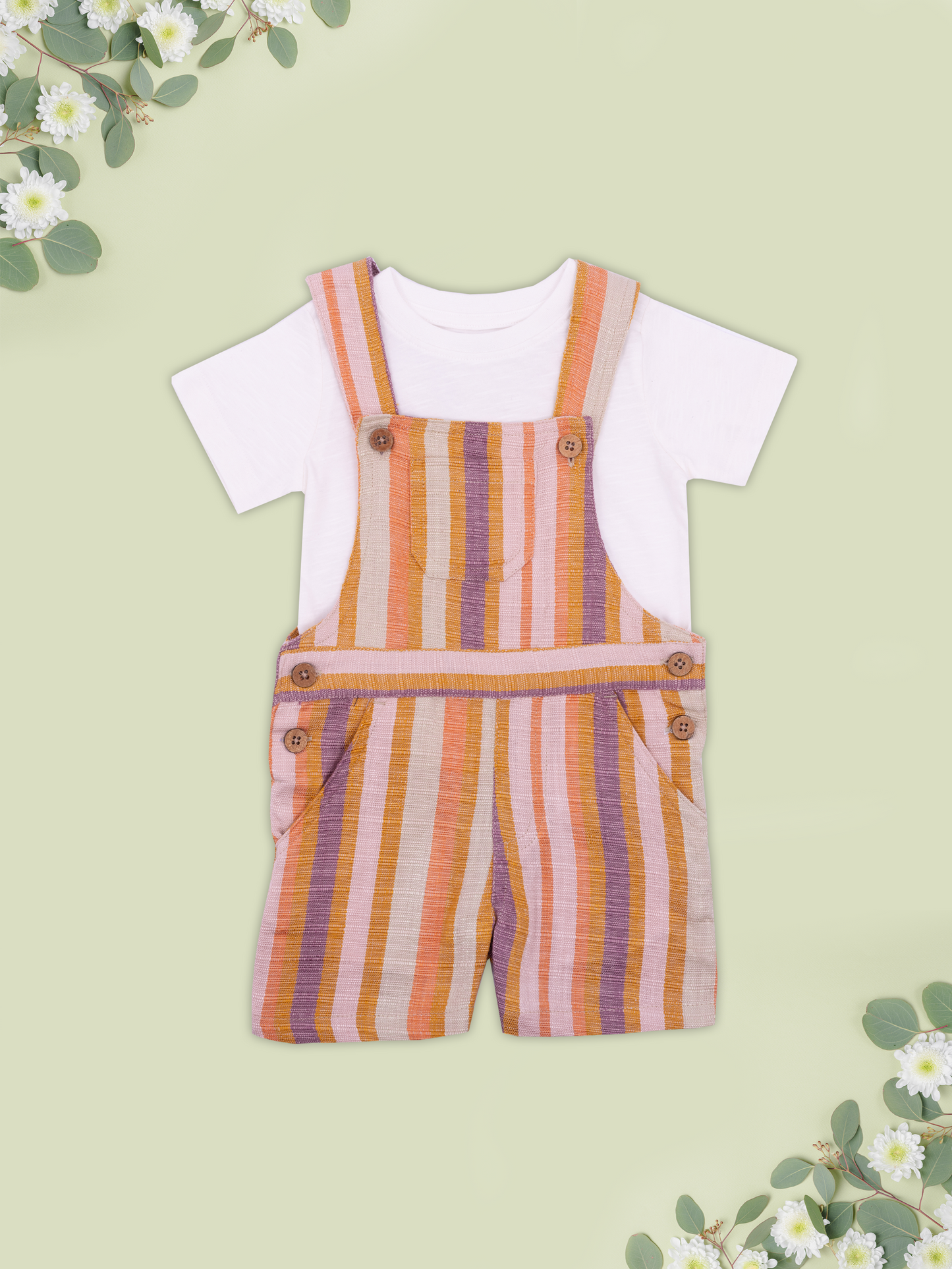 Multi Color Striped Dungaree Set with T-shirt for Boys