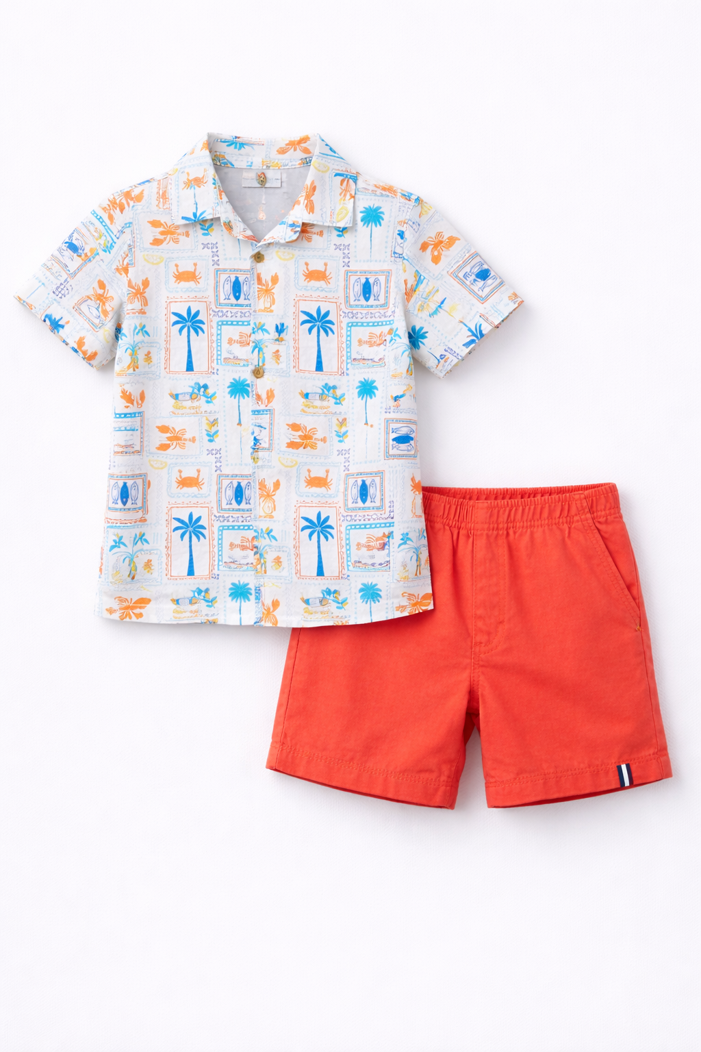 Boys Printed Cotton Shirt & Orange Dobby Shorts Set