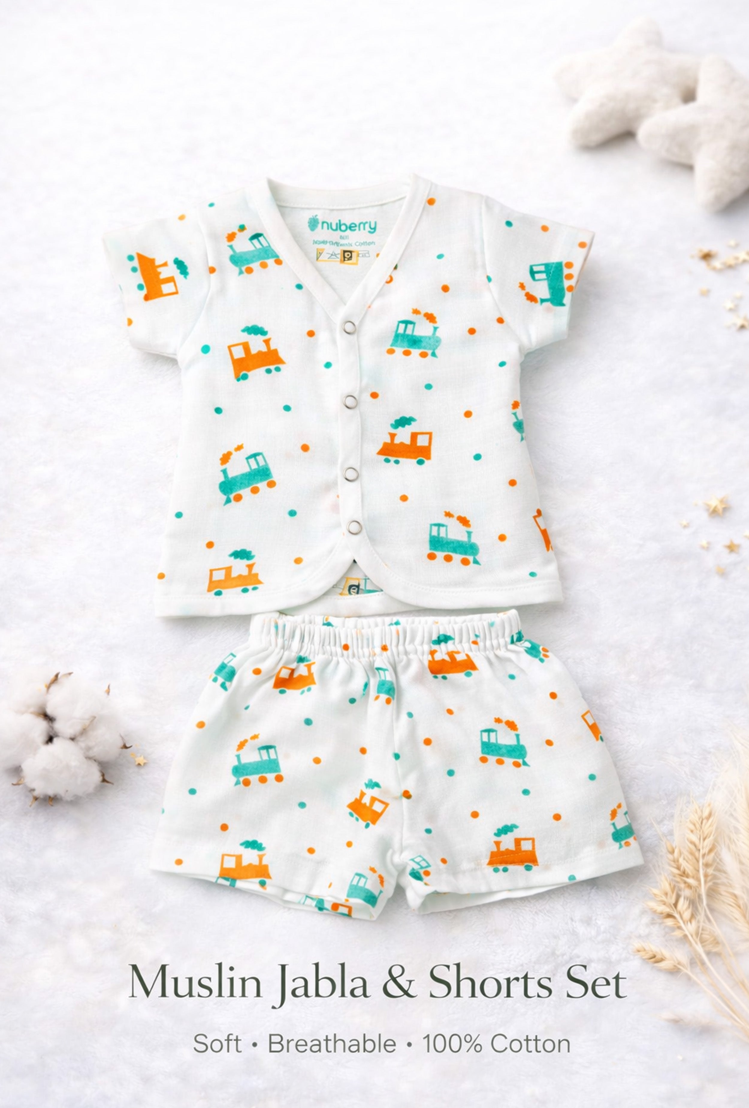 Tiny Beginnings, Wrapped in Love | Muslin Jabla & Shorts Set | Loco Train Print