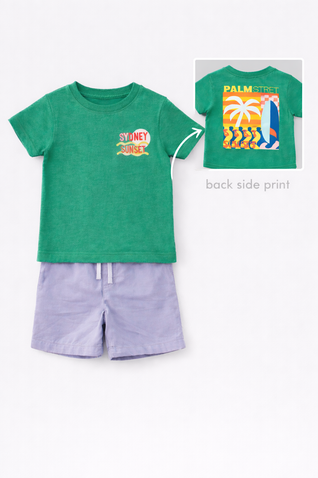 Boy T-Shirt and Shorts Set Green with Back side Print and Lavender Shorts