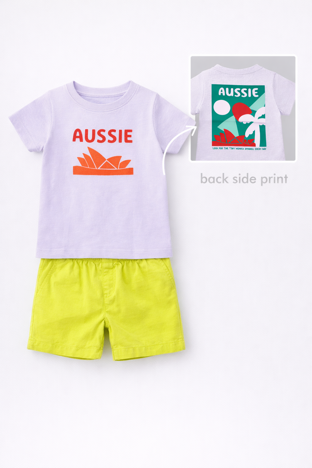 Boy T-Shirt and Shorts Set Lavender with Back side Print and Lemon Yellow Green Shorts