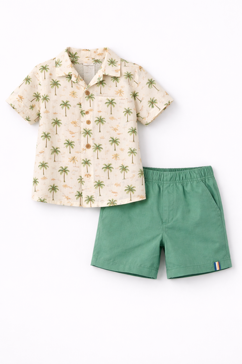 Boys Printed Cotton Shirt & Green Dobby Shorts Set