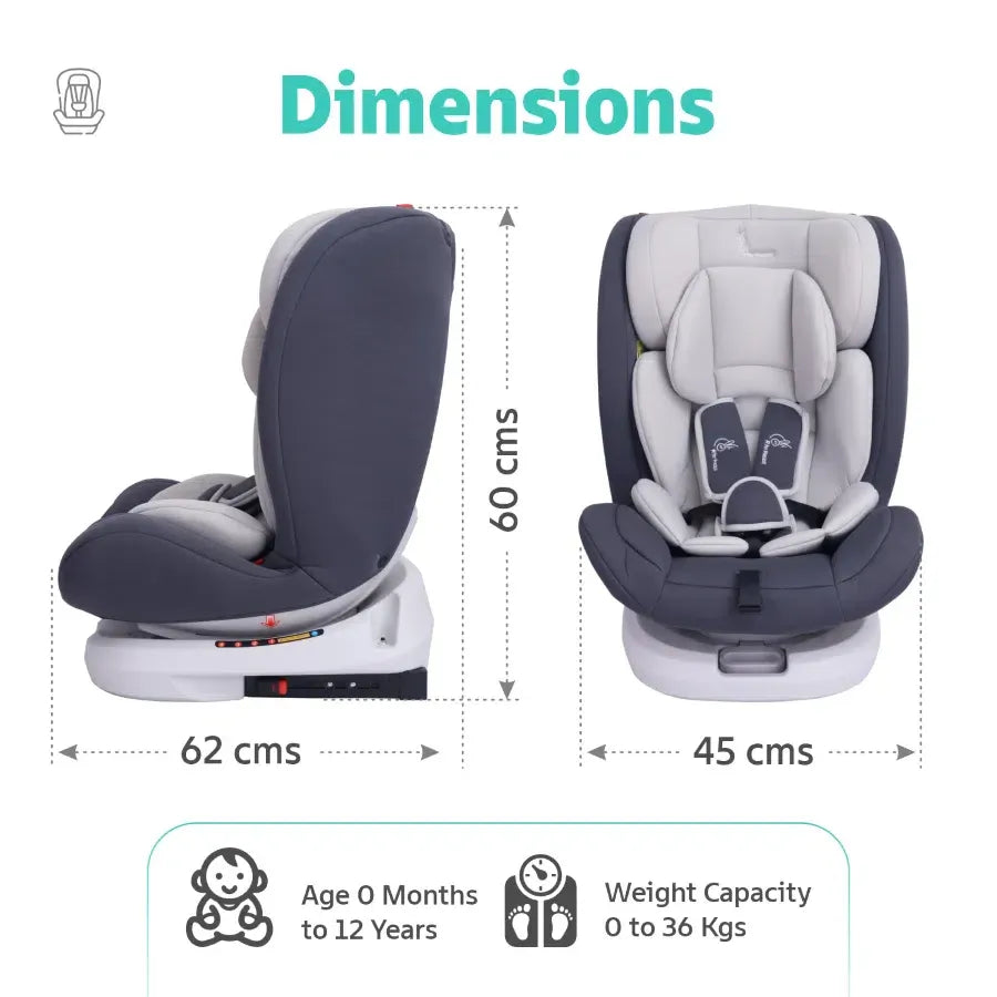R for Rabbit Jack N Jill Grand ISOFIX Car Seat for kids 0-12 Years Safety Certified, 5-Point Safety Harness, Removable Seat Cover, Adjustable Head Rest Grey