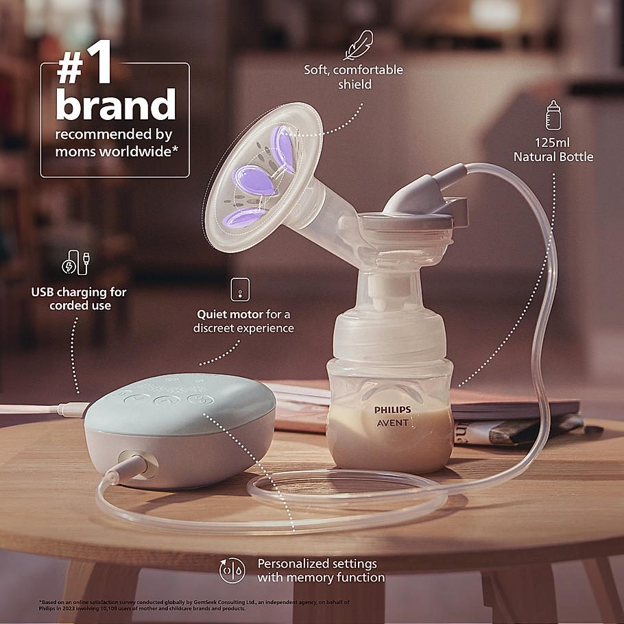Philips Avent Portable Electric Breast Pump- | No.1 Brand Recommended by Moms Worldwide | Soft adaptive Silicon Cushion | One Size Fits all | 4 + 4 Expression and Stimulation settings | Quiet Motor | USB Charging SCF323/11