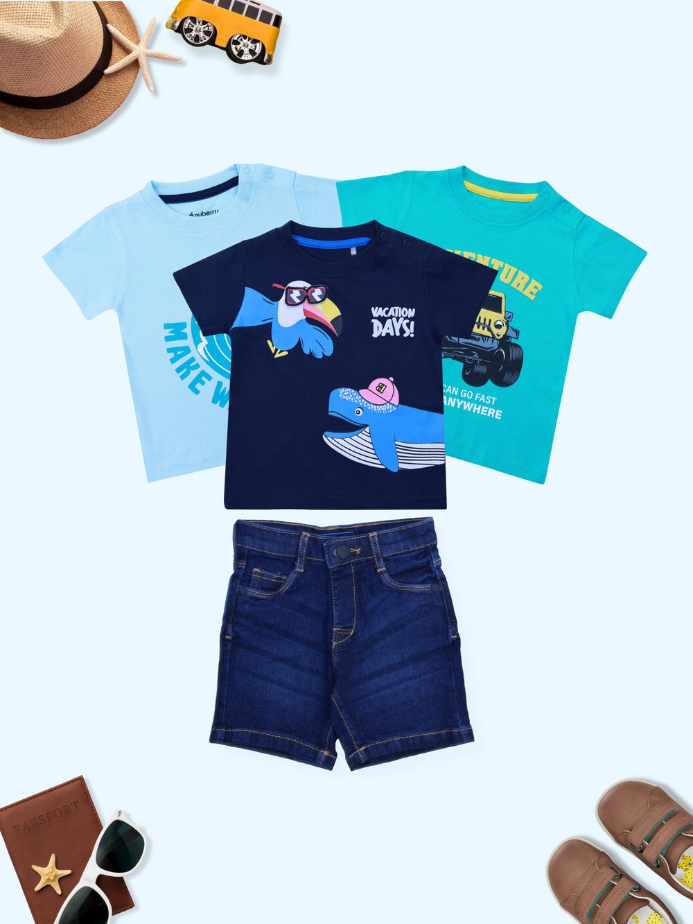 Set of 4 Boys Combo -  3 T-shirts + Denim Shorts