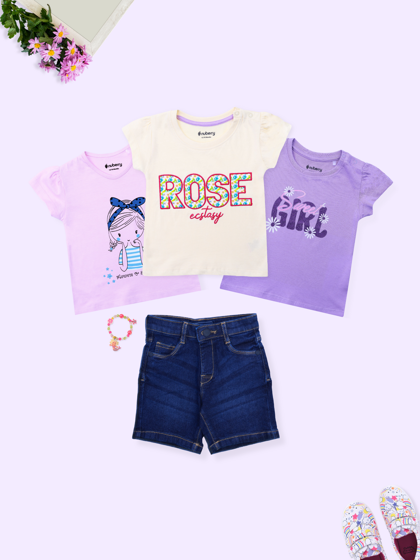 Set of 4 Girls Combo - 3 T-shirts + Denim Shorts