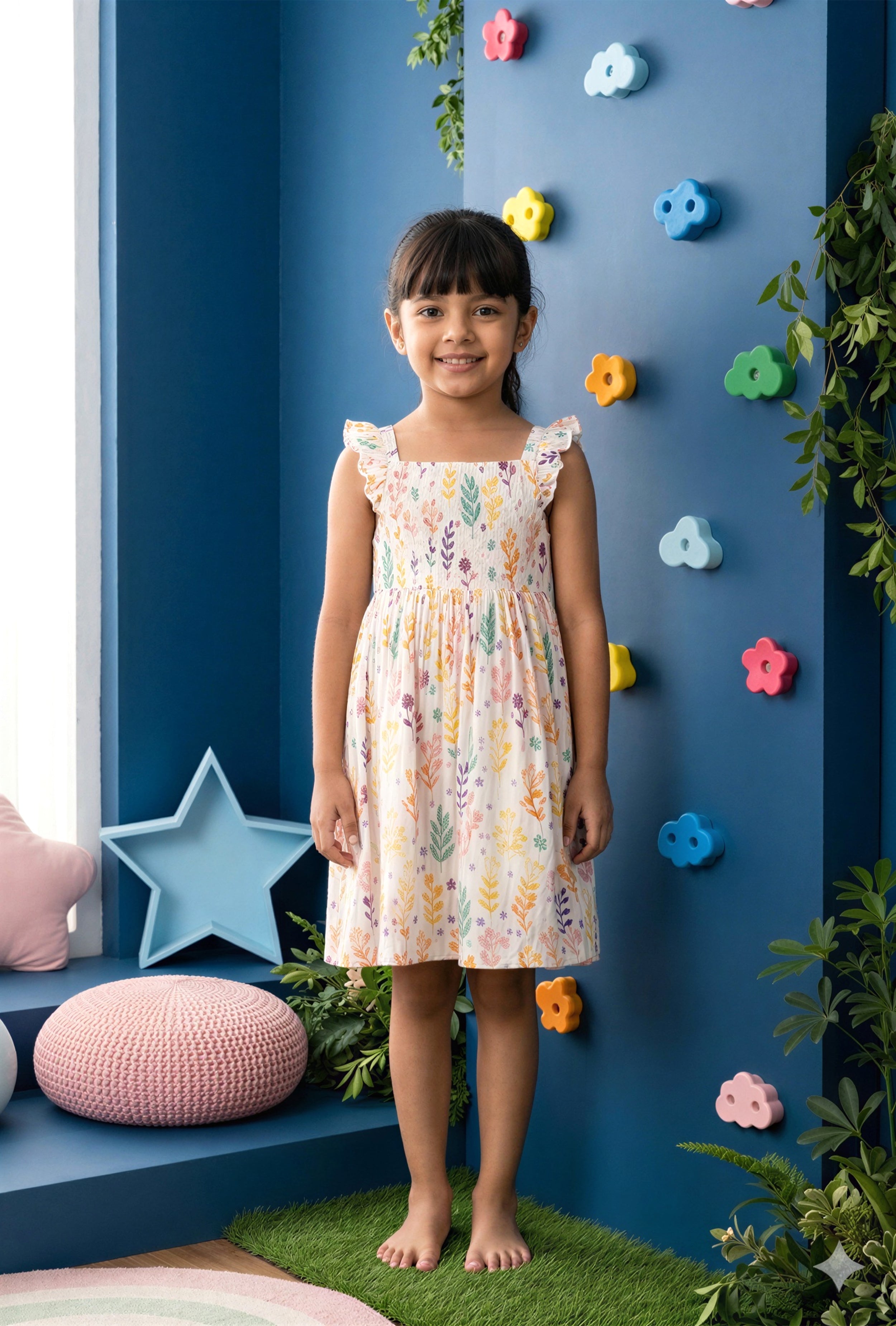 Soft Seersucker Floral Cotton Dress for Girls