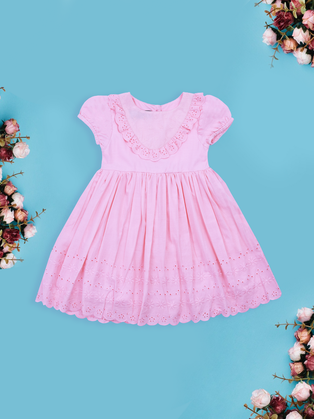 Pink Hakoba Puff Sleeve Dress for Girls