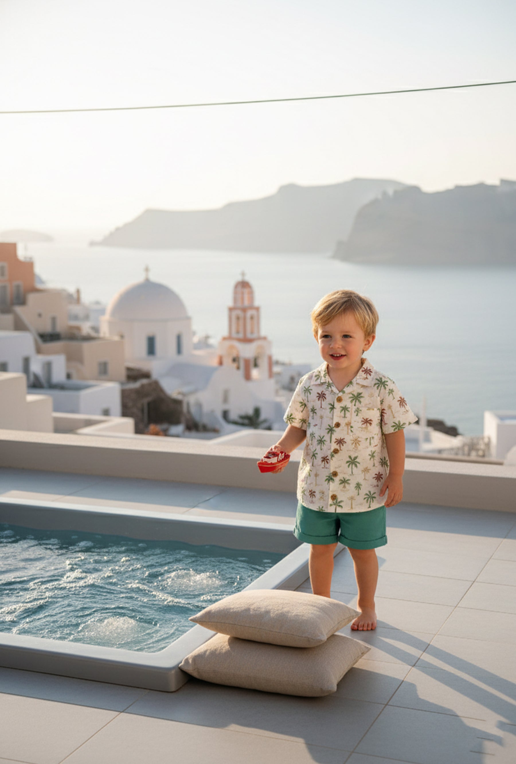 Boys Printed Cotton Shirt & Green Dobby Shorts Set