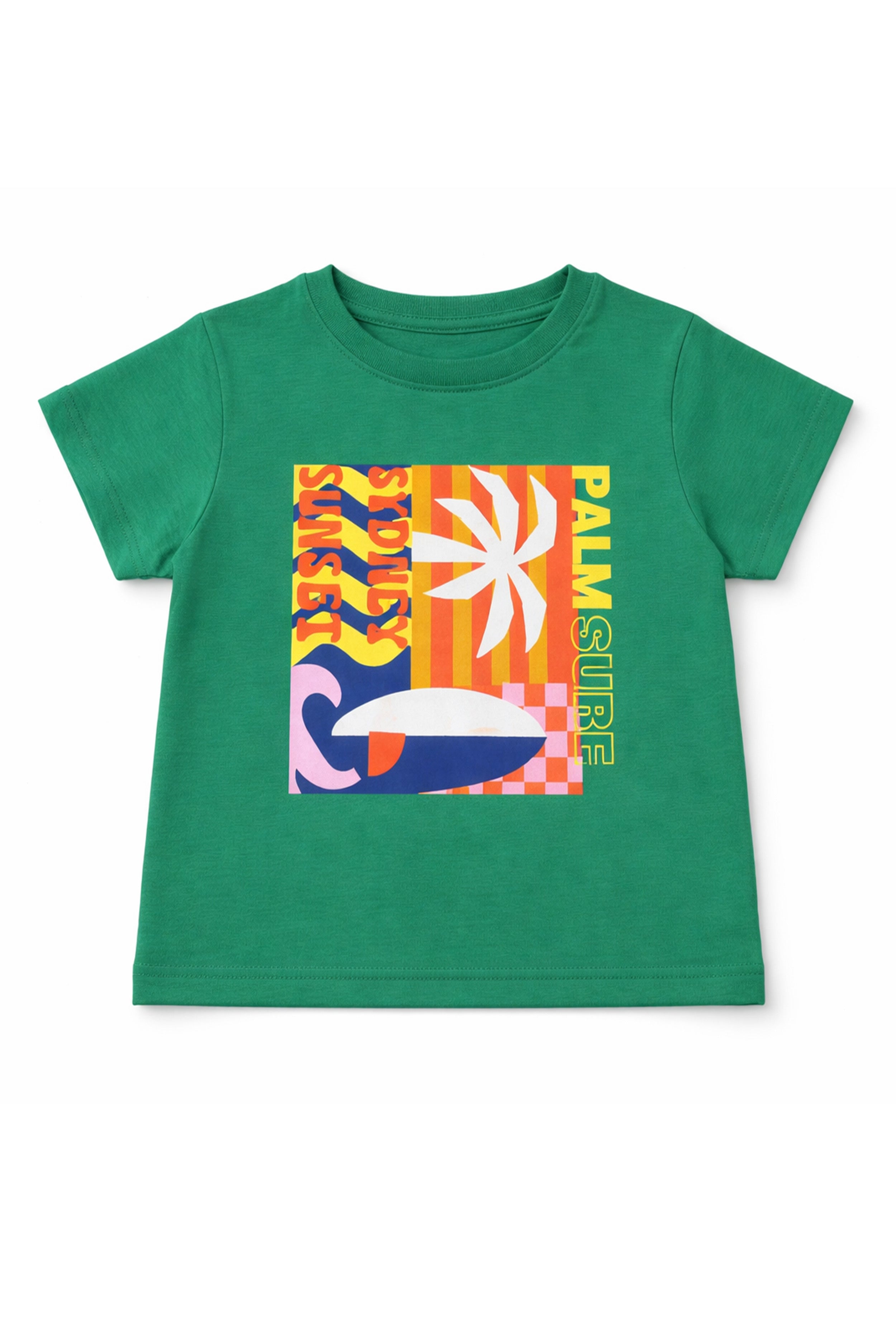 Boy T-Shirt and Shorts Set Green with Back side Print and Lavender Shorts