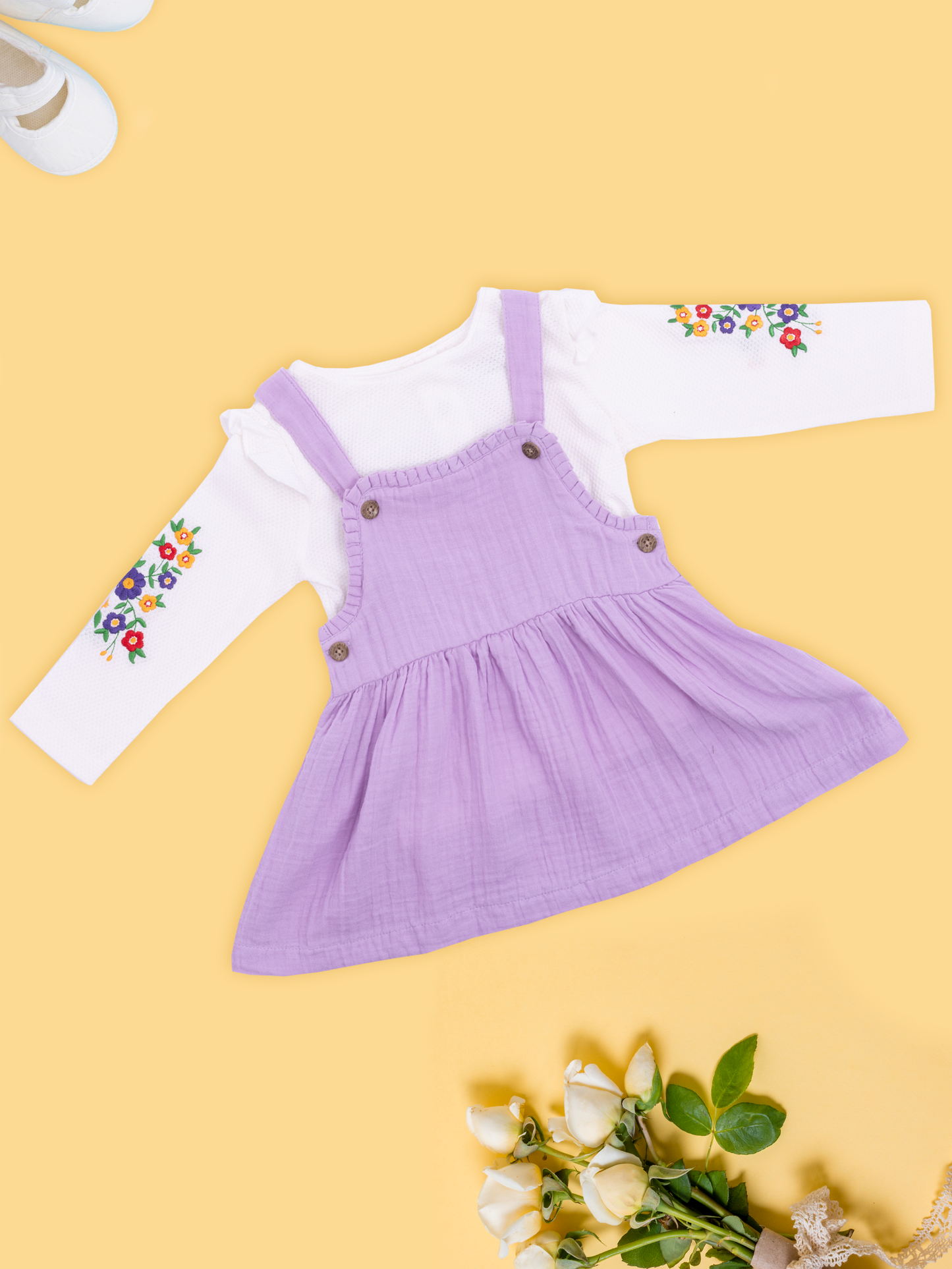 Girls Lavender Dungaree Set with Floral Embroidery Top