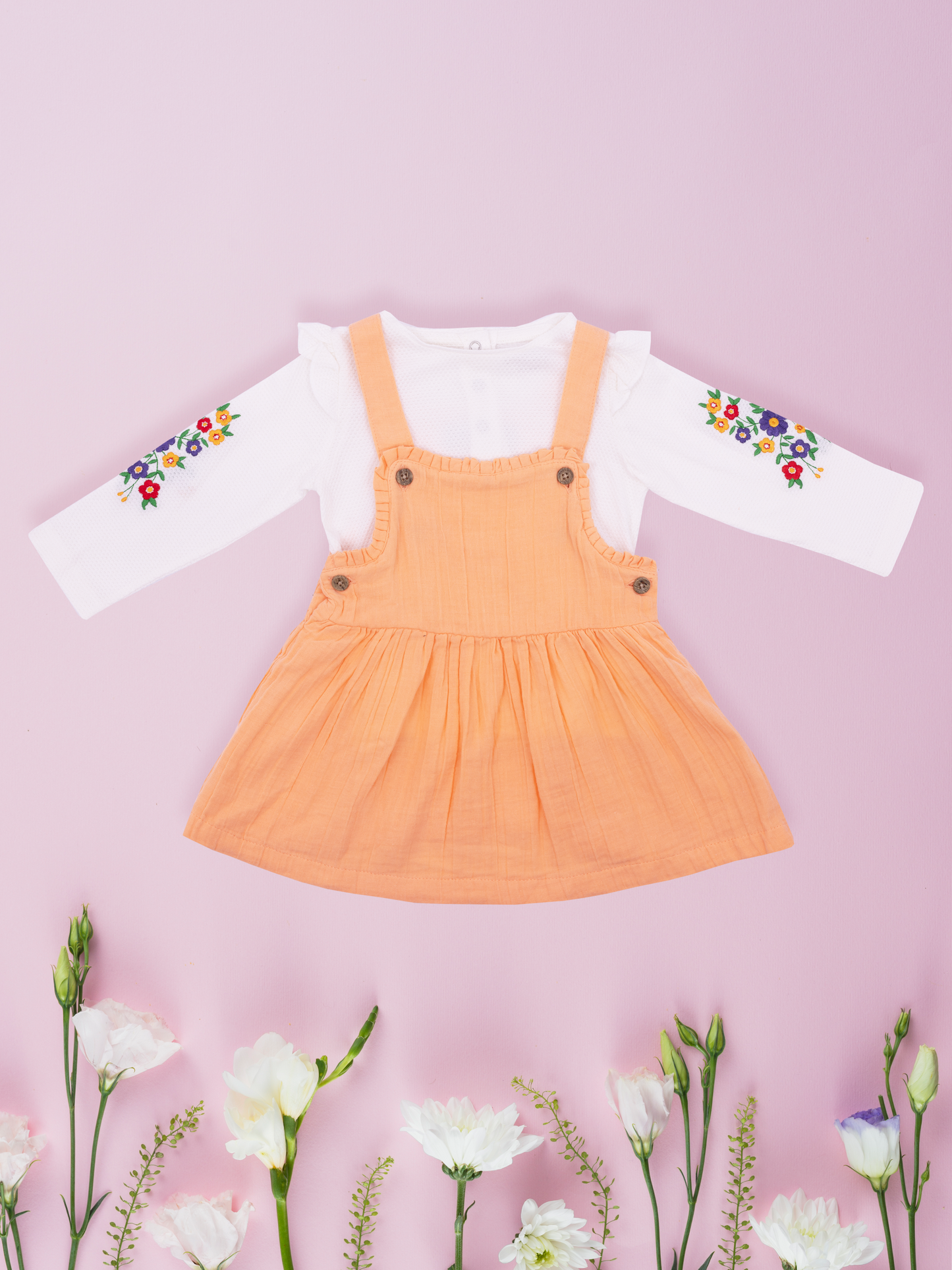 Peach Dungaree Dress Set with Floral Embroidery Top