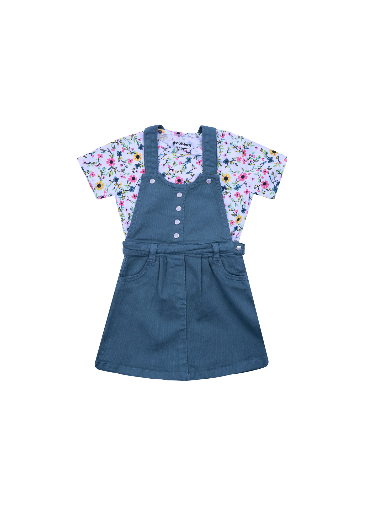 Teal Dungaree Dress with Floral Print T-Shirt