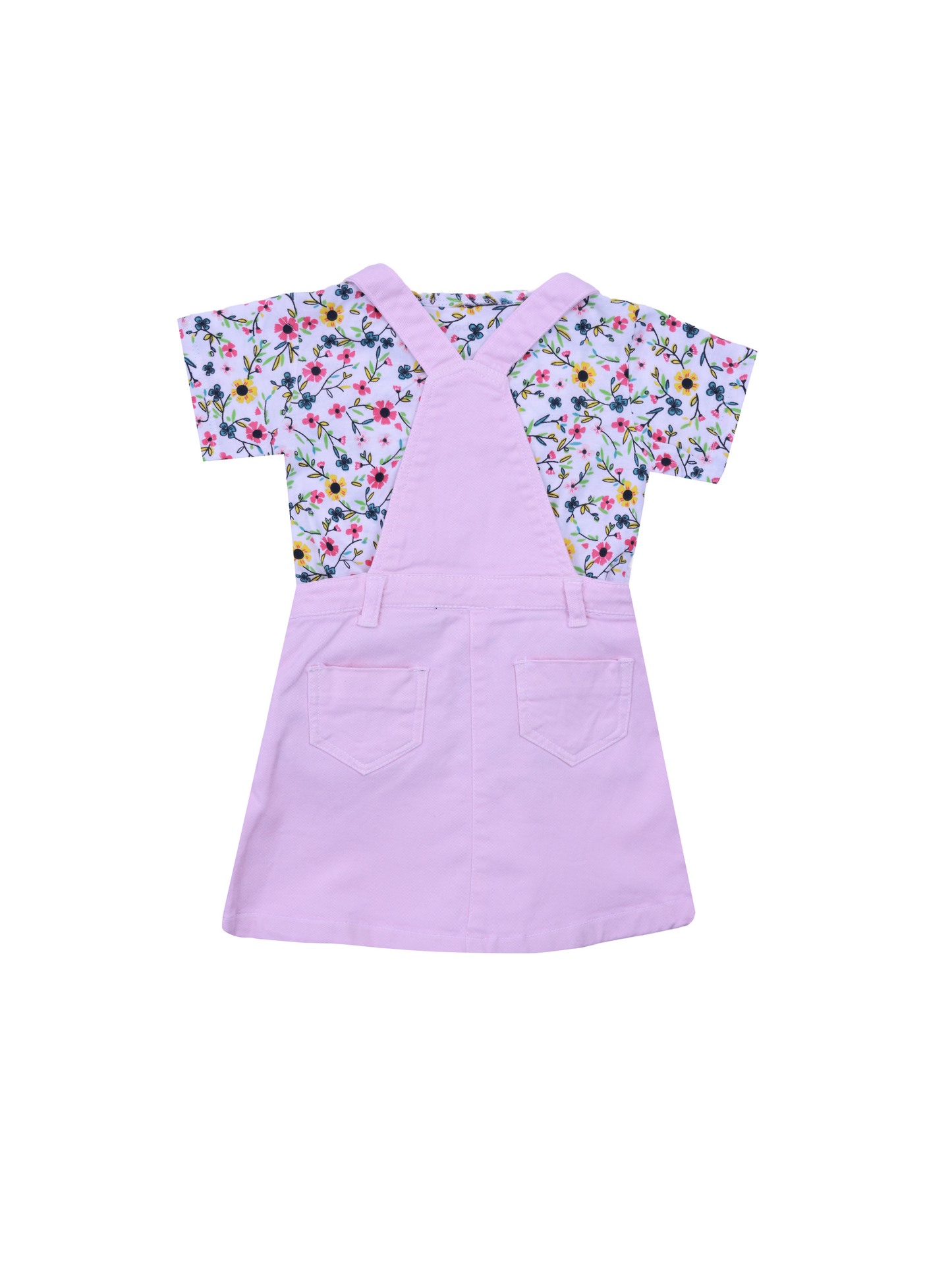 Pink Dungaree Dress with Floral Print T-Shirt