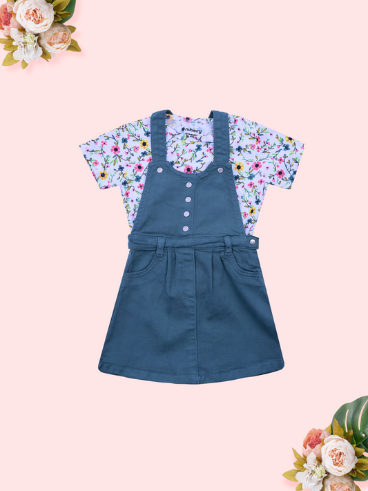 Teal Dungaree Dress with Floral Print T-Shirt