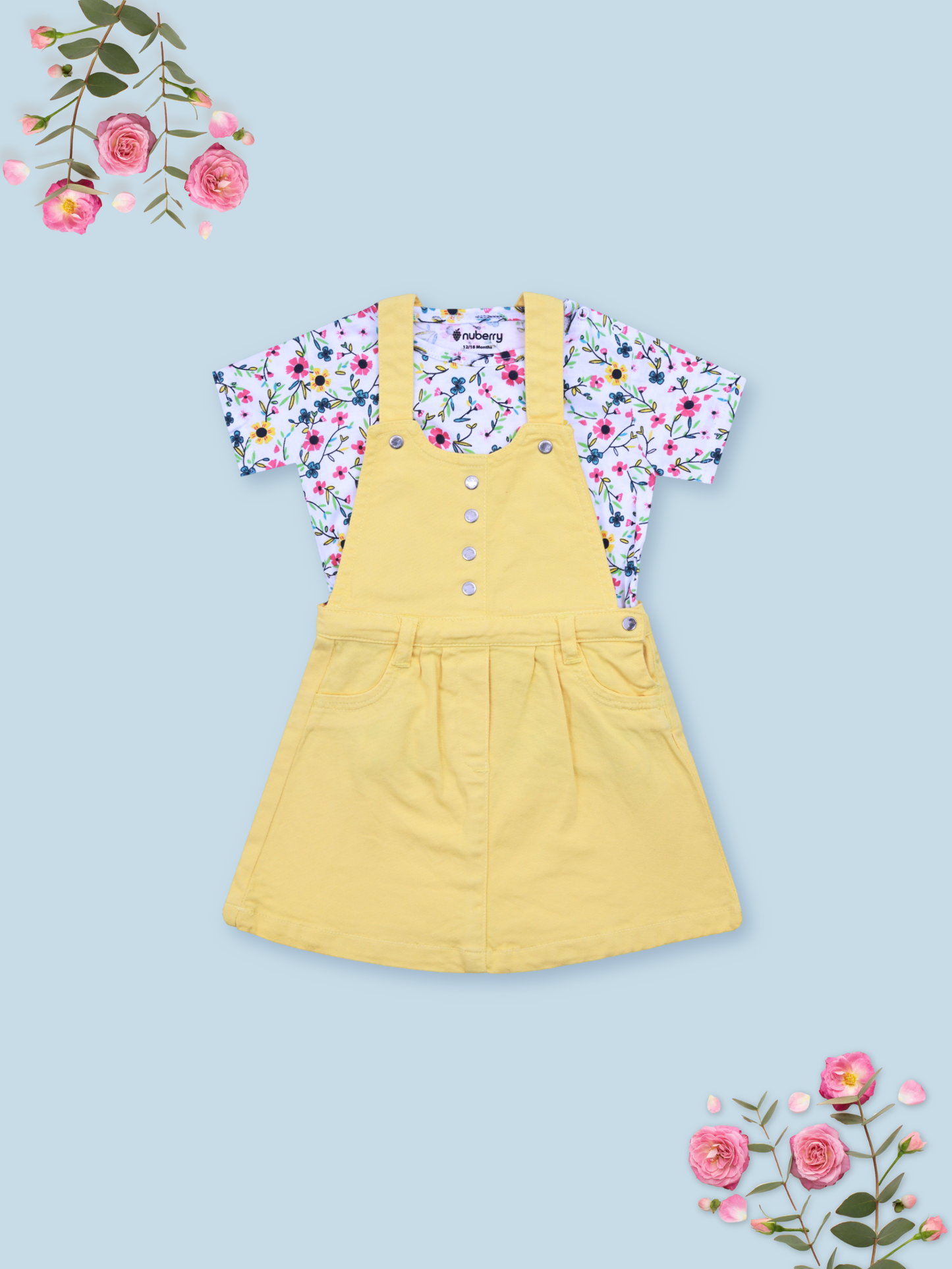 Yellow Dungaree Dress with Floral Print T-Shirt