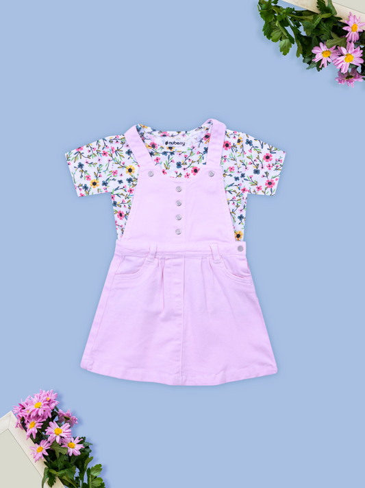 Pink Dungaree Dress with Floral Print T-Shirt