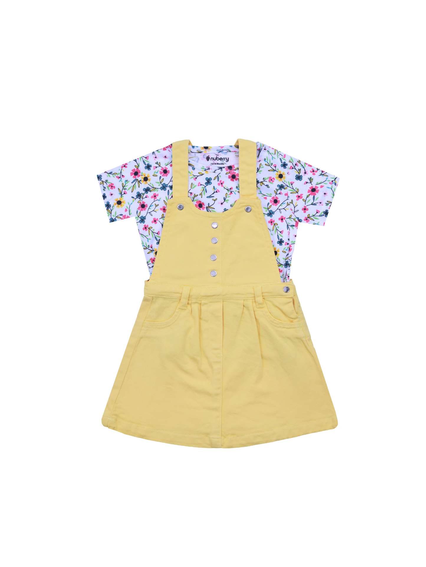 Yellow Dungaree Dress with Floral Print T-Shirt