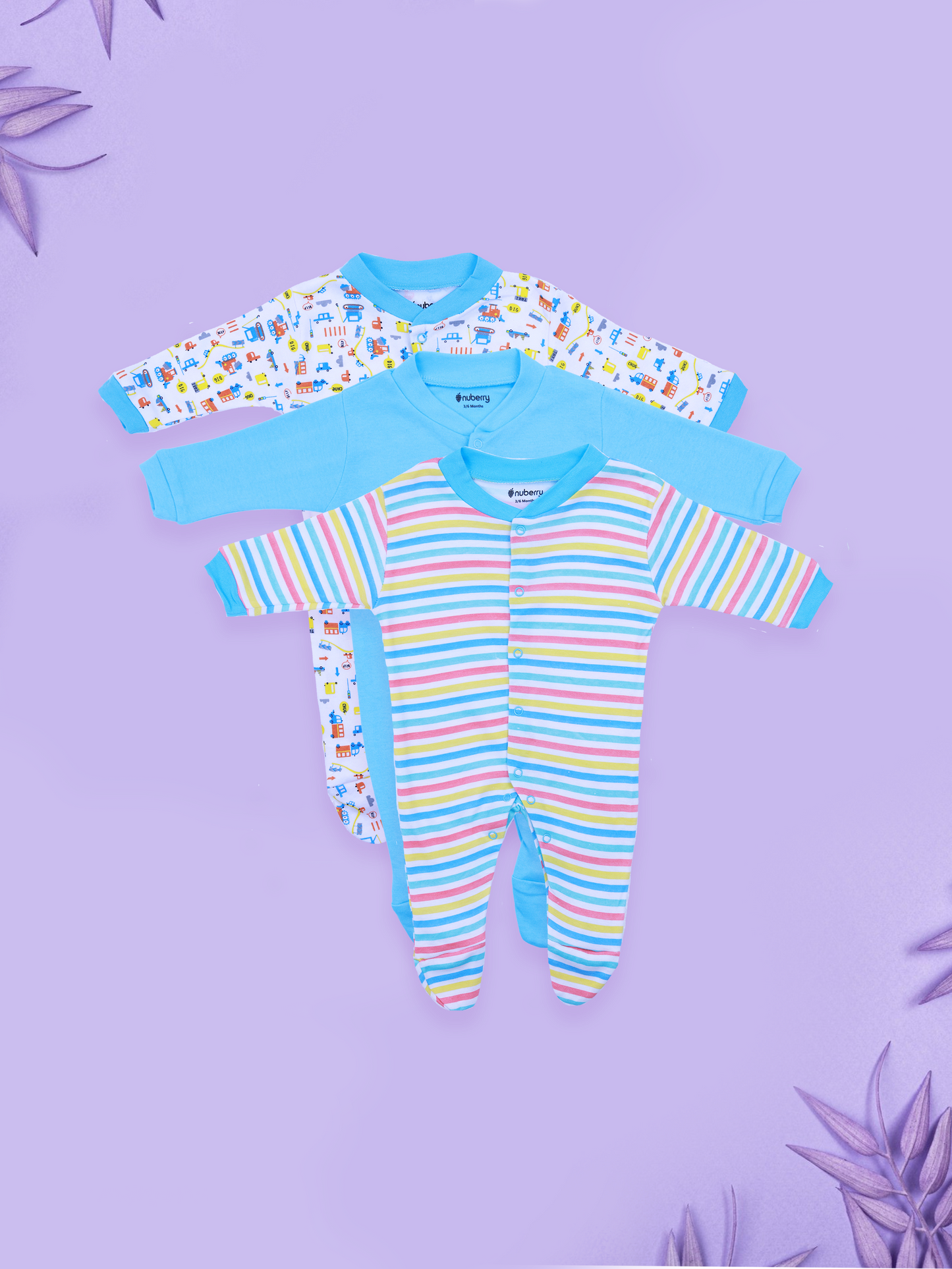 Sky Blue Sleepsuit for Babies - Set of 3