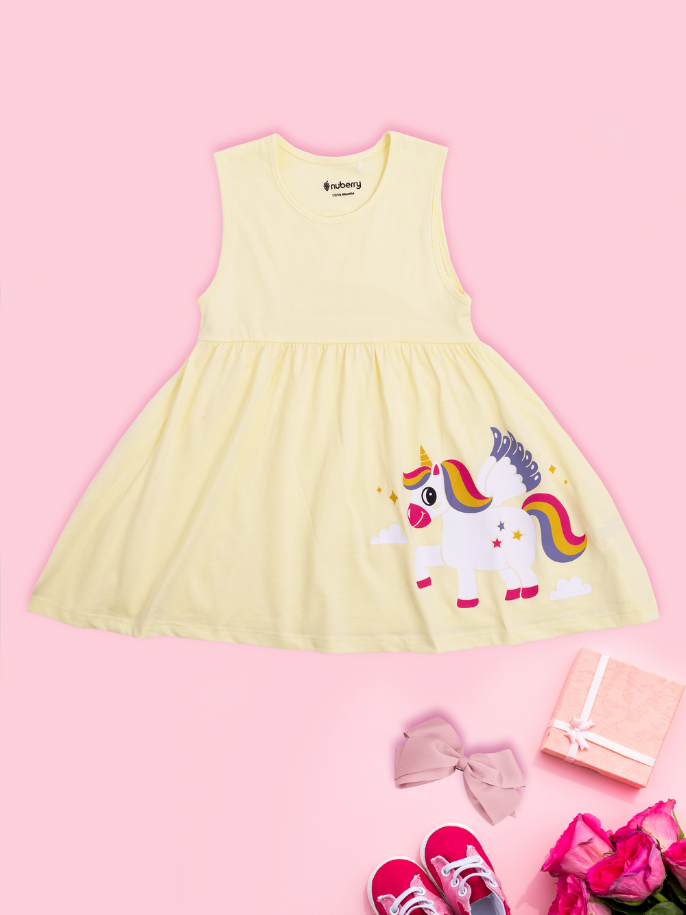 Yellow A-Line Dress With Unicorn Print